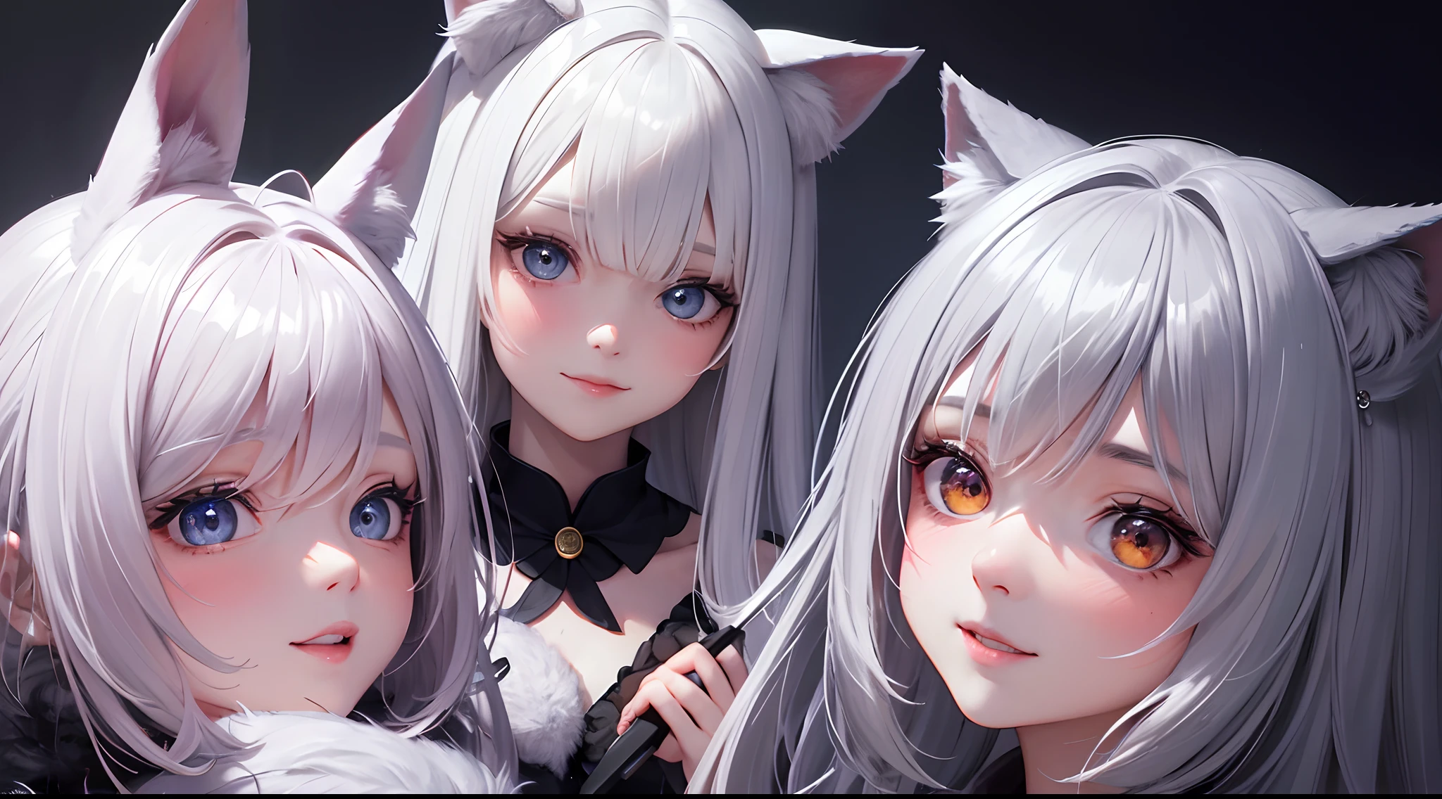 hair bobbles, long eyelasher, solid circle eyes, Fake animal ears, Light smile, Ear blush, Fang, Silver hair, Hairline, surrealism, shadowing, anaglyph, stereograms, tachi-e, angle of view, Atmospheric perspective, High detail, Cinematic lighting, 8K, Super detail, ccurate, Best quality, A high resolution, Masterpiece