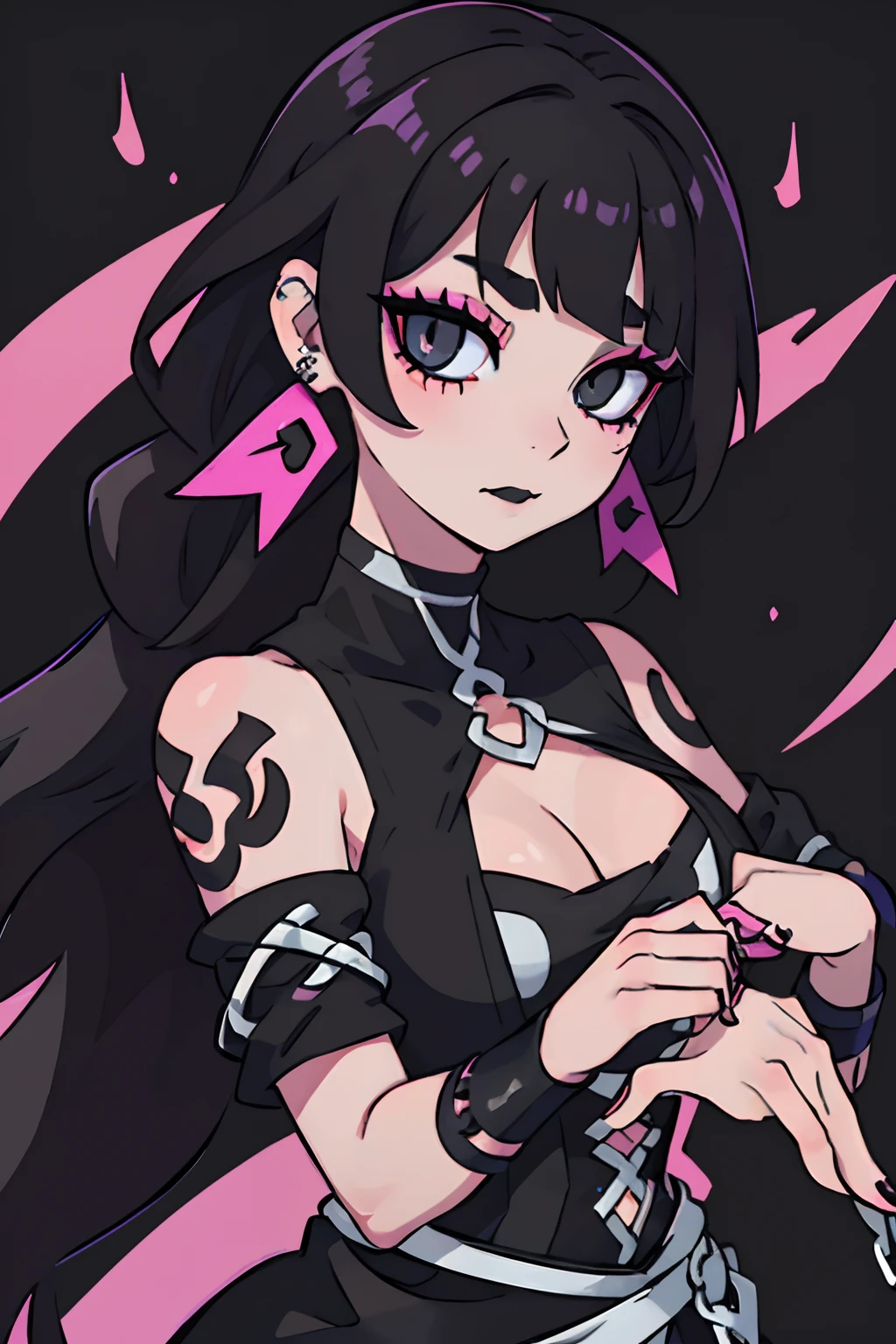 pale beautiful woman long eyeliner heavy black eyeshadow long lashes gothic y2k nose piercings lip piercings eyebrow piercings black long wavy shaggy hair and bangs with hot pink streaks black lipstick