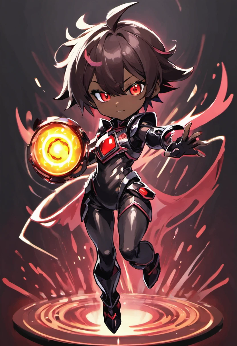 Masterpiece High res, cute (1 shota) dark skin child, with red eyes, long dark brown hair, wearing a black full body magical black armoured powersuit, black gaunlets, future cardfight buddyfight, demon lord, Magic circles with runes, floating