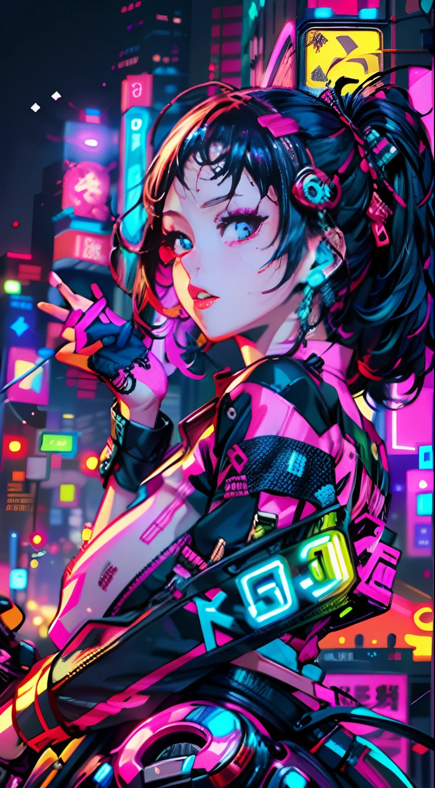 masutepiece, Best Quality, Confident cyberpunk girl, Full body shot, ((Stand in front of the motorcycle)), Pop costumes inspired by Harajuku, Bold colors and patterns, Eye-catching accessories, Trendy and innovative hairstyles, Bright makeup, Cyberpunk dazzling cityscape, Skyscrapers, neon signs, led lights, Bright and vivid color scheme, Anime, Illustration, Detailed skin texture, Detailed Cloth Texture, beautifull detailed face, Intricate details, ultra-detailliert.