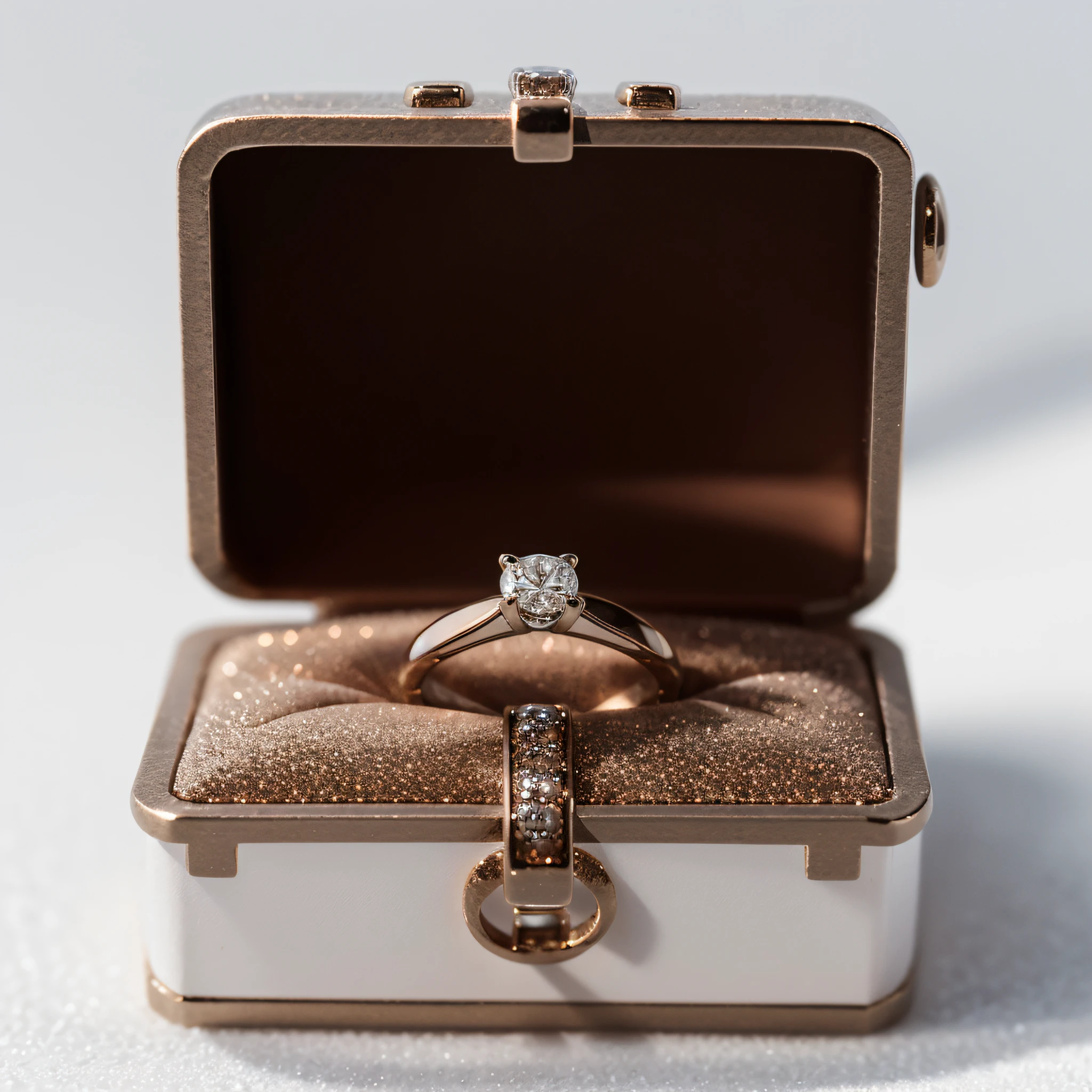 There is a ring in a box with diamonds, Engagement Ring Advertising, Jewelry Photography, Diamond Rings, high quality product photo, Ring lighting, miniature product photo, Close-up photo of ring flash, 35mm Product Photos」, The ring is horizontal, Jewels shining above, Product Photography, Exquisite fine details, productphoto, sparkling in the sunlight