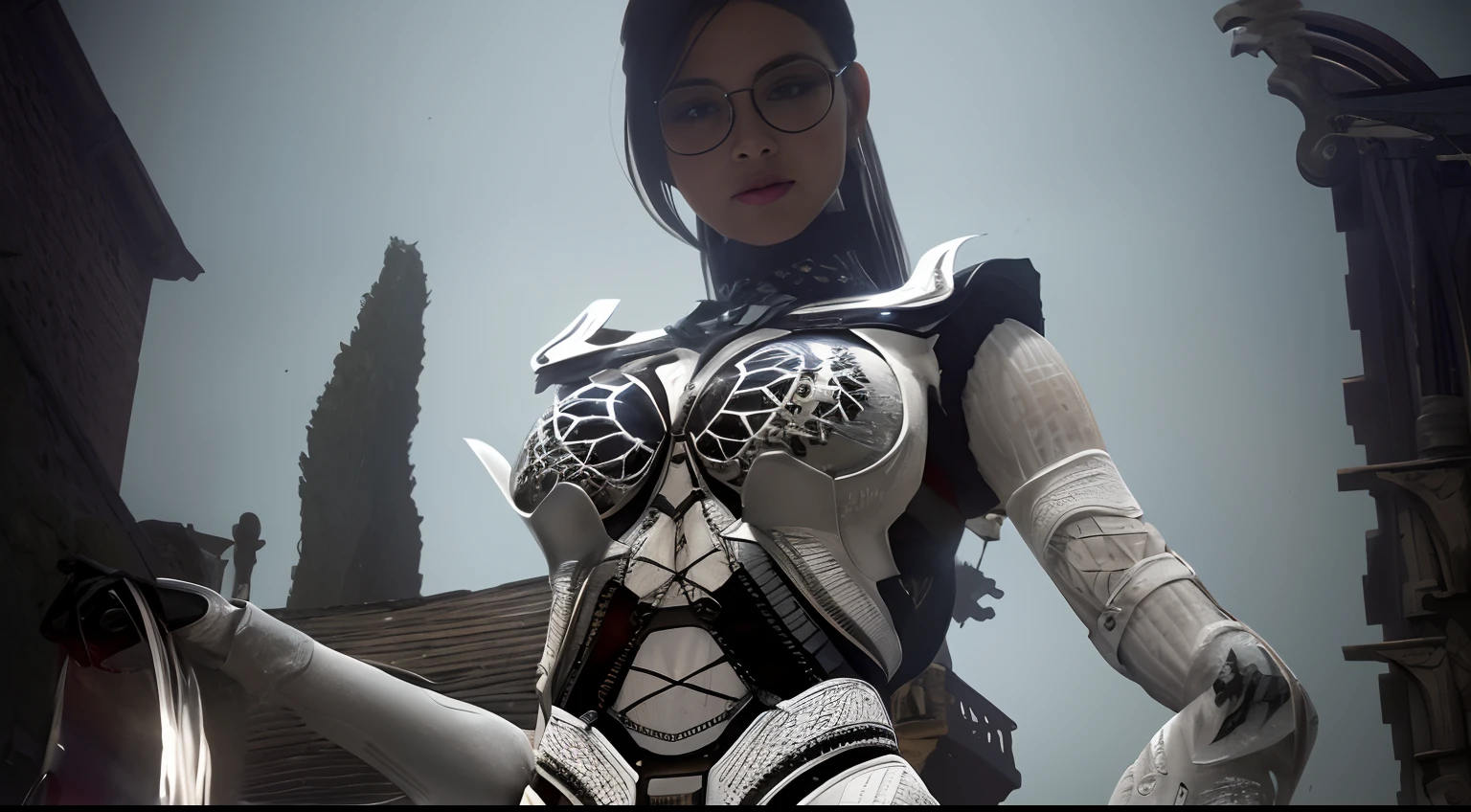 there is a woman in a futuristic suit standing in front of a building, glossy white armor, detailed white armor, intricate white armor, wearing shiny breastplate, ornate bikini armor, modern clean white armor, wearing witchblade armor, white armor, sleek bright white armor, intricate outfit, wearing fantasy armor, white metallic armor, sleek white armor, white metallic armour