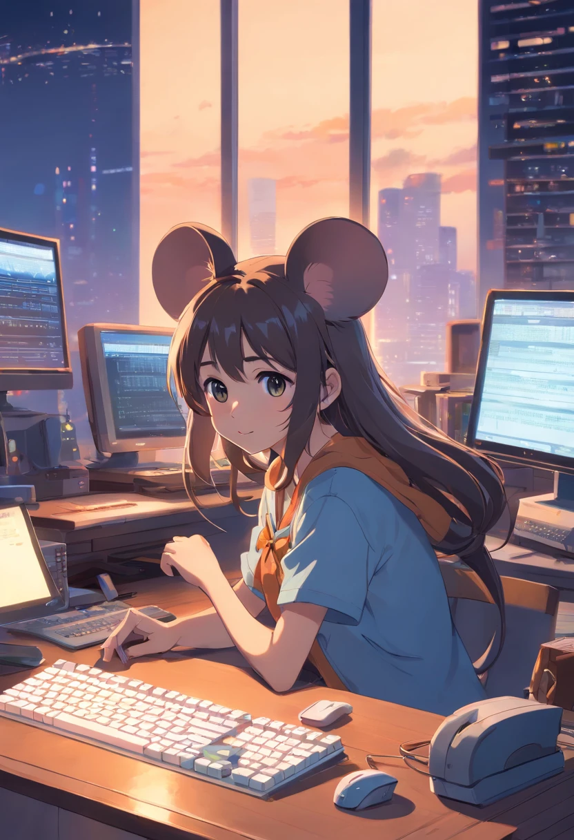 Mouse girl, tiny, computer desk, keyboard, cute, smug