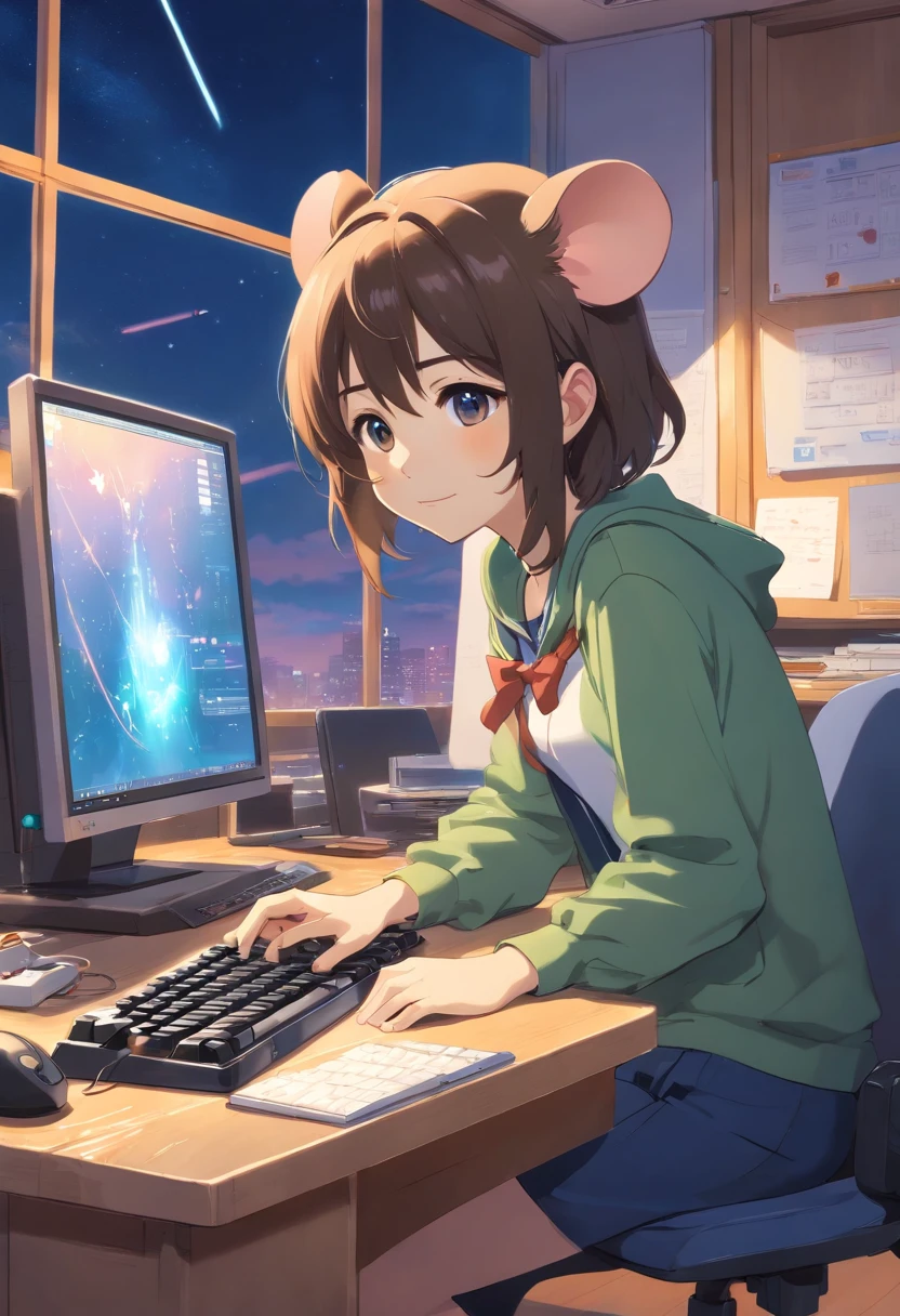 Mouse girl, tiny, computer desk, keyboard, cute, smug