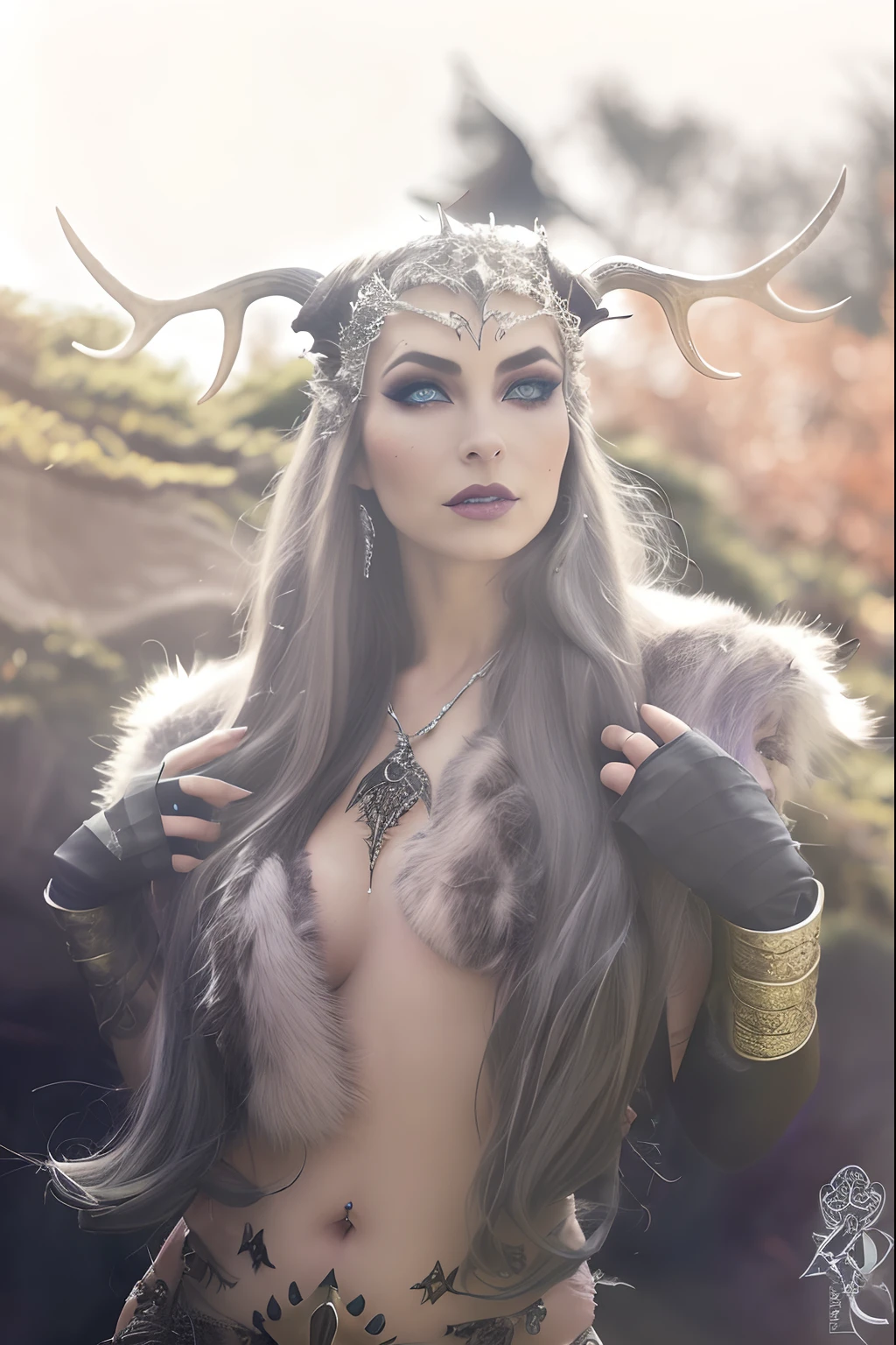 a close up of a woman with horns and a body covered in fur, ornate cosplay, glamourous cosplay, beautiful dark elf countess, very beautiful elven top model, white horns queen demon, beautiful female druid, cyberpunk angry gorgeous druid, wearing a crown made of antlers, gothic maiden shaman, fantasy photoshoot, dark elf princess, beautiful ancient frost witch, elf queen