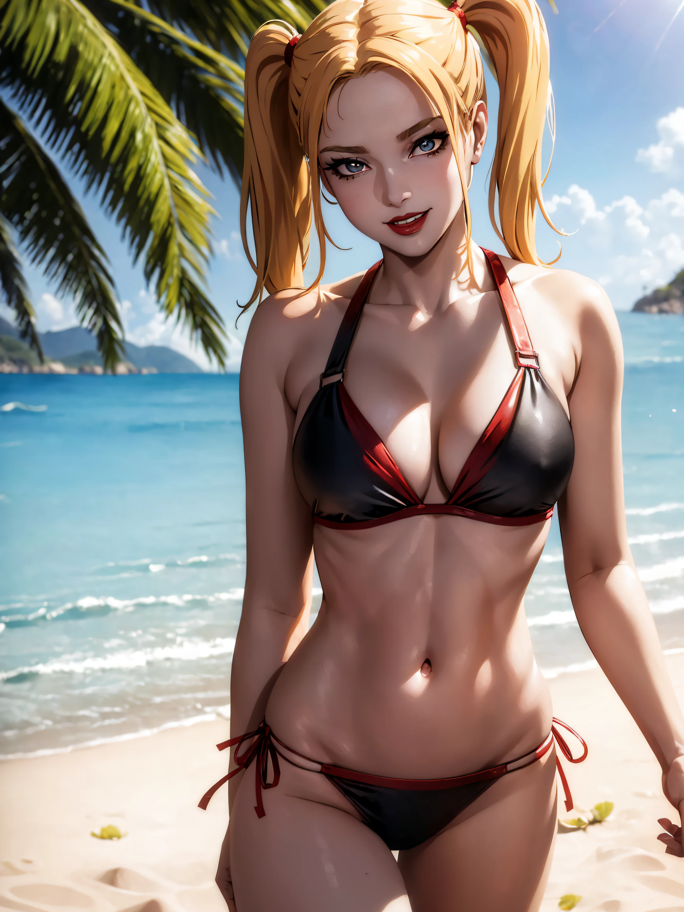 ((masterpiece, best quality, detailed)), (best quality, masterpiece:1.4), 8k, highres, highly detailed, intricate detail, (full body photo), accent lighting, ambient lighting, Exquisite details and textures, realistic, (1girl), ultra beauty cute sexy age female model (Harley Quinn in black and red bikini anime style), makeup, eyeshadow, red lips, crazy smirk, face focus, pov, relaxing pose, open mouth, medium breasts, beautiful detailed fullbody, blonde-red pigtails hair style, landscapes, Beach, Day Light, Highly detailed beach background, beautiful detailed face, human hands,