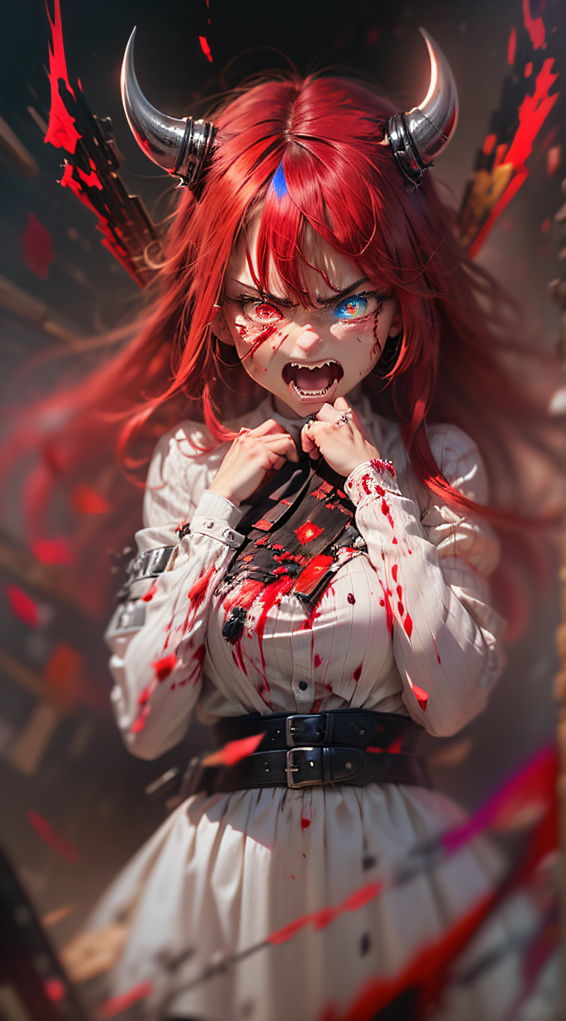 Best Quality, Masterpiece, 8k, RAW, 1 girl, ((raging)), color-theme red, dramatic light, (red hair), violence everywhere, (demon horns), ((corpses and blood and gore and destruction in background)), background dark and blurred, (angry expression:1.4), (raging eyes:1.2), red eyes, (heterochromia:1.4), mental breakdown, intimidation, harms way, (Anger:1.4), vengeance, rage, destruction, murder, insanity