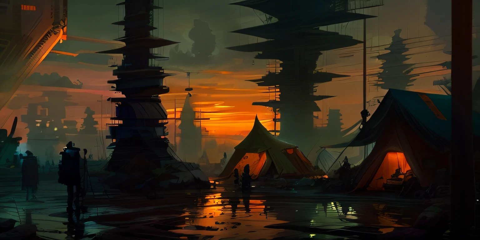 evening sunset scene of old vintage building, with orange lights, surrounded by tents and people doing chores, concept art, detailed illustration