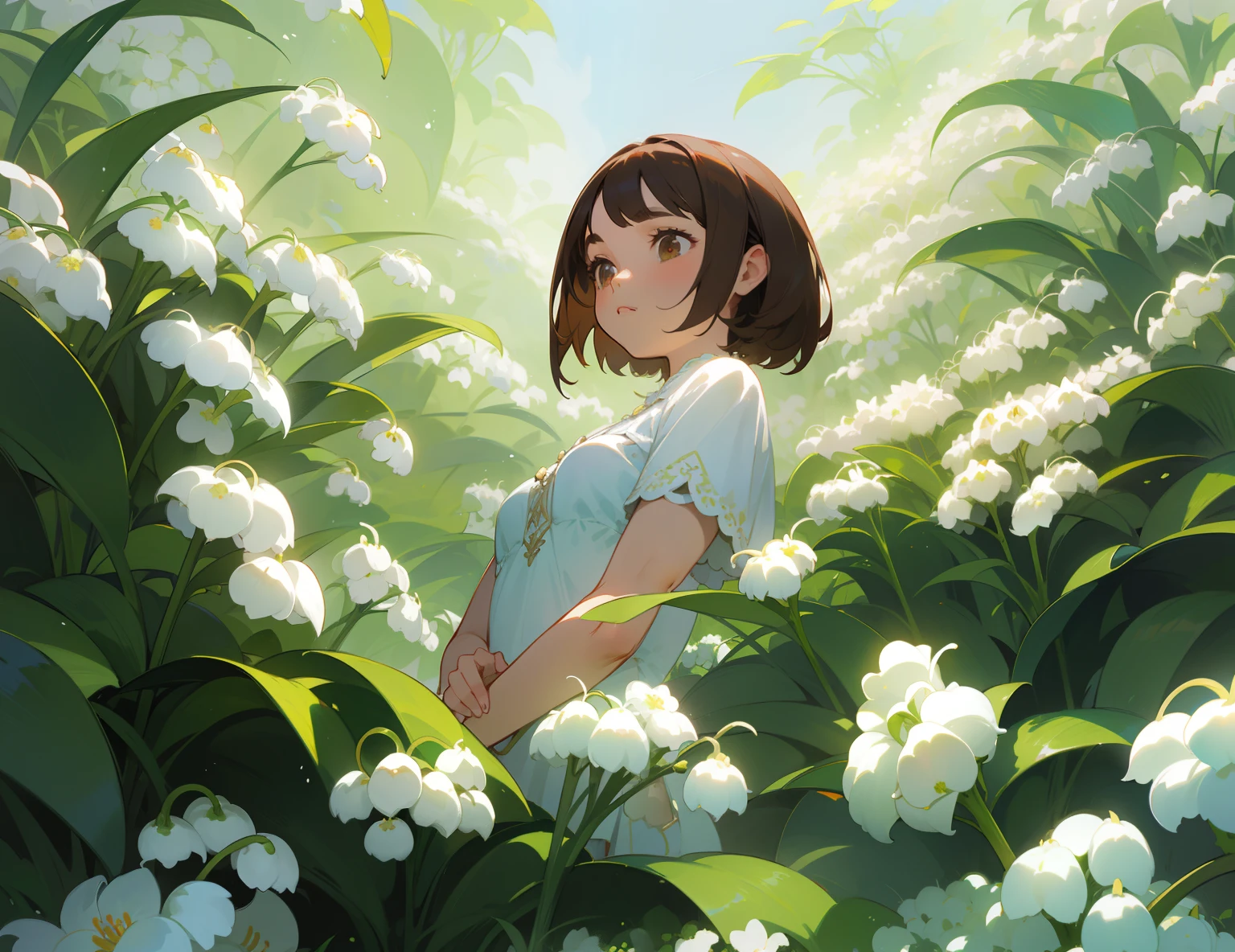 Sharp details, lily of the valley, lily of the valley flower garden, gorgeous and beautiful atmosphere, concept art illustration, movie, details, from below, 1girl, brown hair, short hair, brown eyes