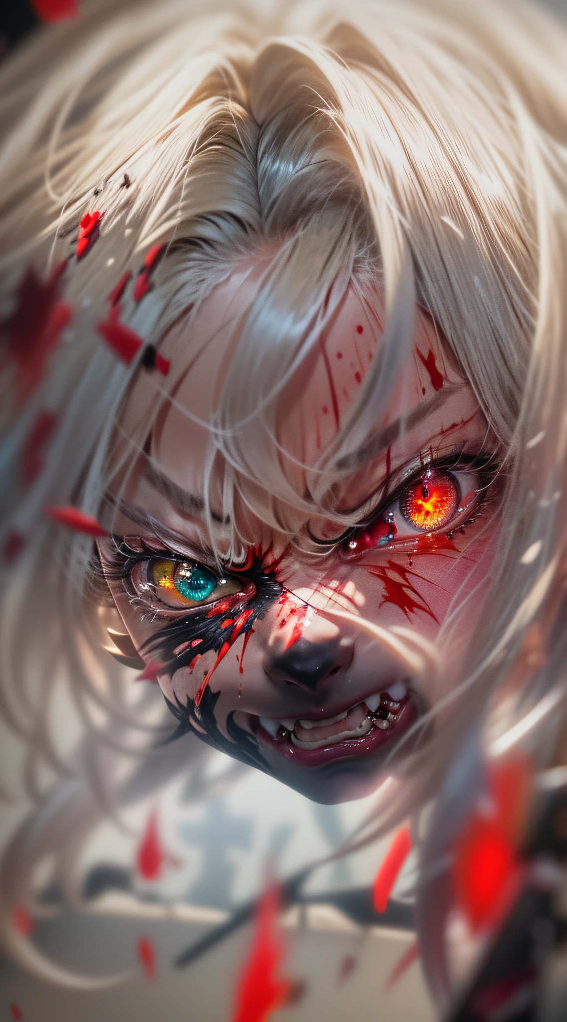 Best Quality, Masterpiece, 8k, RAW, 1 girl, ((raging)), color-theme red, dramatic light, violence everywhere, corpses blood gore destruction in background, background dark and blurred, (angry expression:1.4), (raging eyes:1.2), red eyes, (heterochromia:1.2), mental breakdown, intimidation, harms way, (Anger:1.4), vengeance, rage, destruction, murder, insanity
