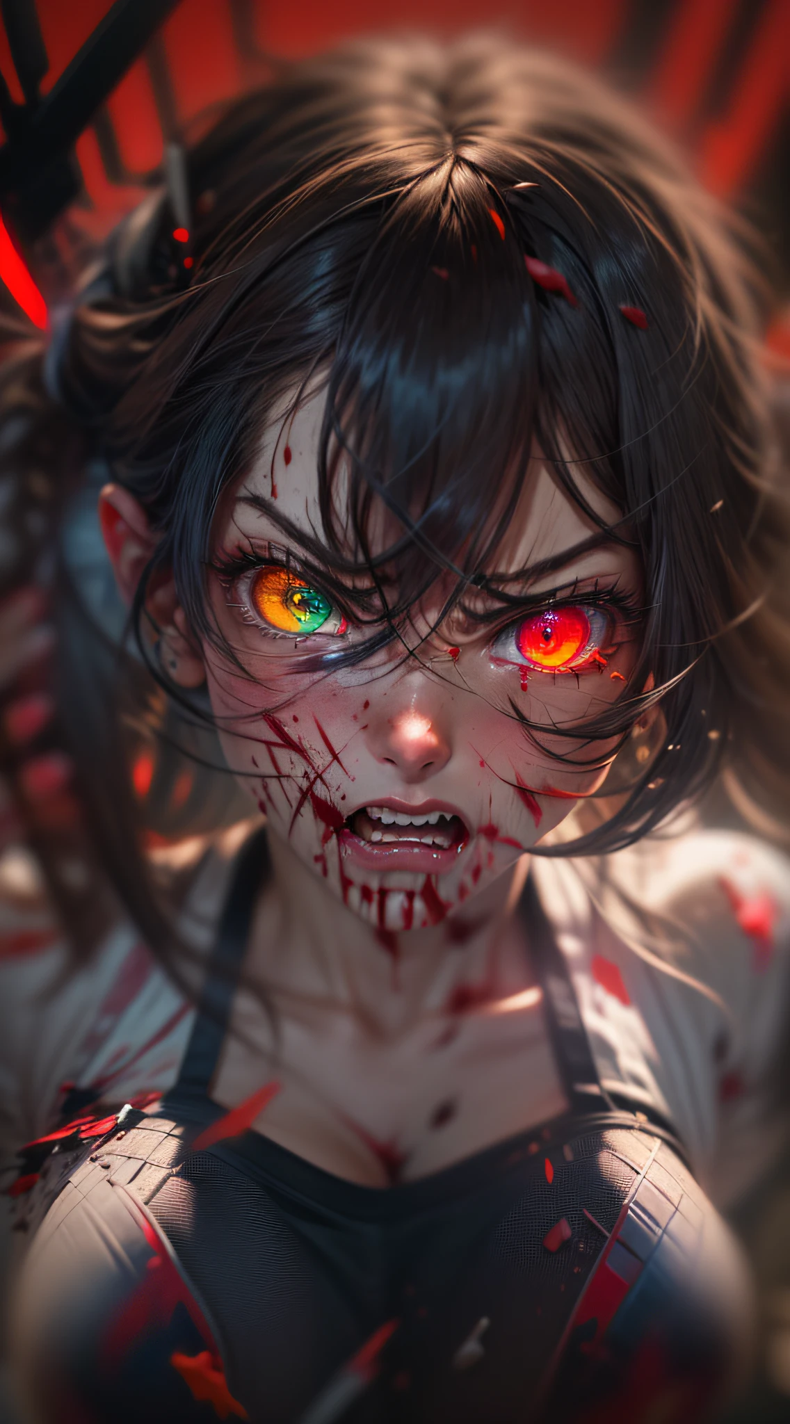 Best Quality, Masterpiece, 8k, RAW, 1 girl, ((raging)), color-theme red, dramatic light, violence everywhere, corpses blood gore destruction in background, background dark and blurred, (angry expression:1.4), (raging eyes:1.2), red eyes, (heterochromia:1.2), mental breakdown, intimidation, harms way, (Anger:1.4), vengeance, rage, destruction, murder, insanity