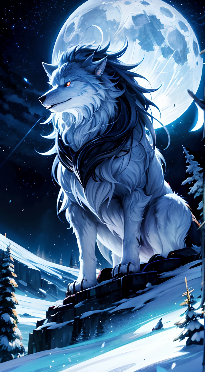 Fenrir with blue eyes standing on top of a snowy mountain. Big wolf white fur. Glowing eyes. Nighttime. Large landscape. Looking towards the moon