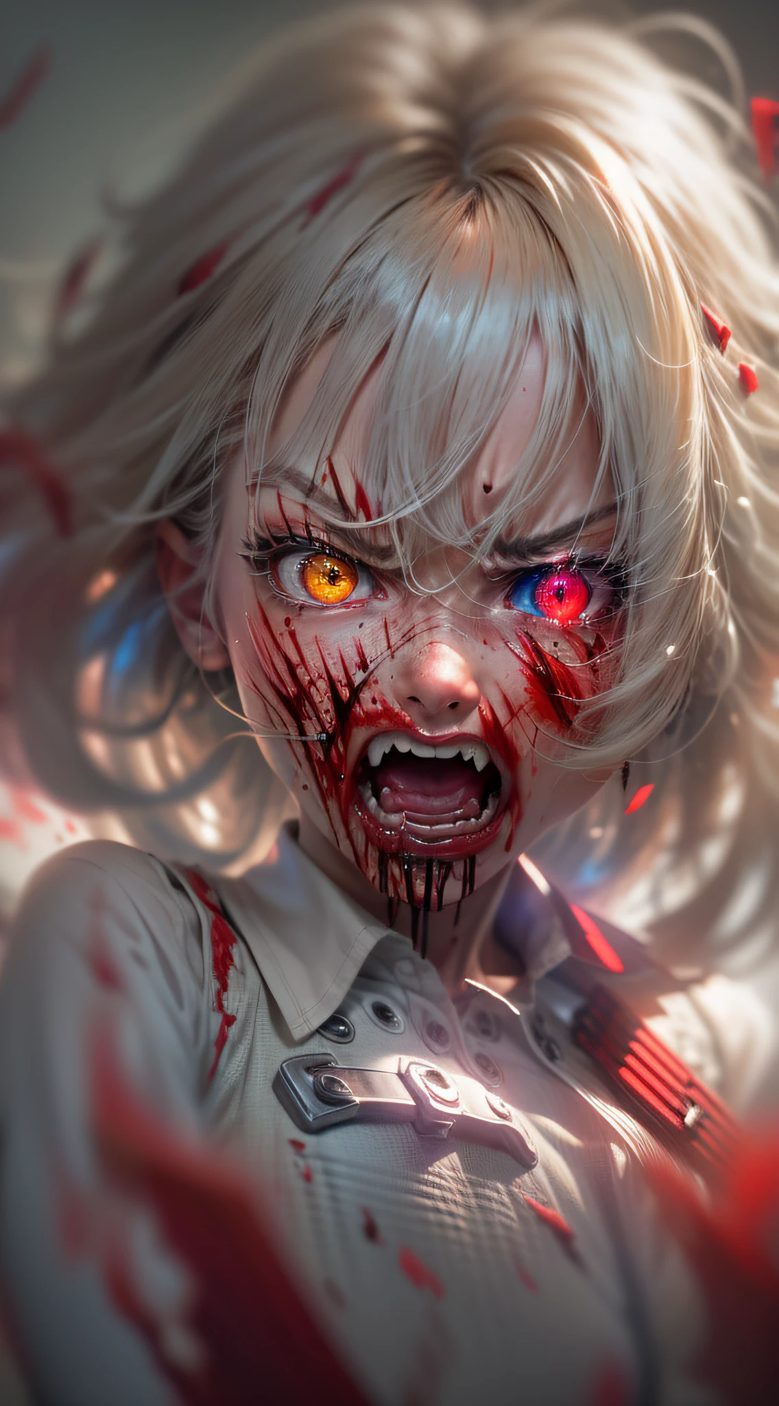 Best Quality, Masterpiece, 8k, RAW, 1 girl, ((raging)), color-theme red, dramatic light, violence everywhere, corpses blood gore destruction in background, background dark and blurred, (angry expression:1.4), (raging eyes:1.2), red eyes, (heterochromia:1.2), mental breakdown, intimidation, harms way, (Anger:1.4), vengeance, rage, destruction, murder, insanity