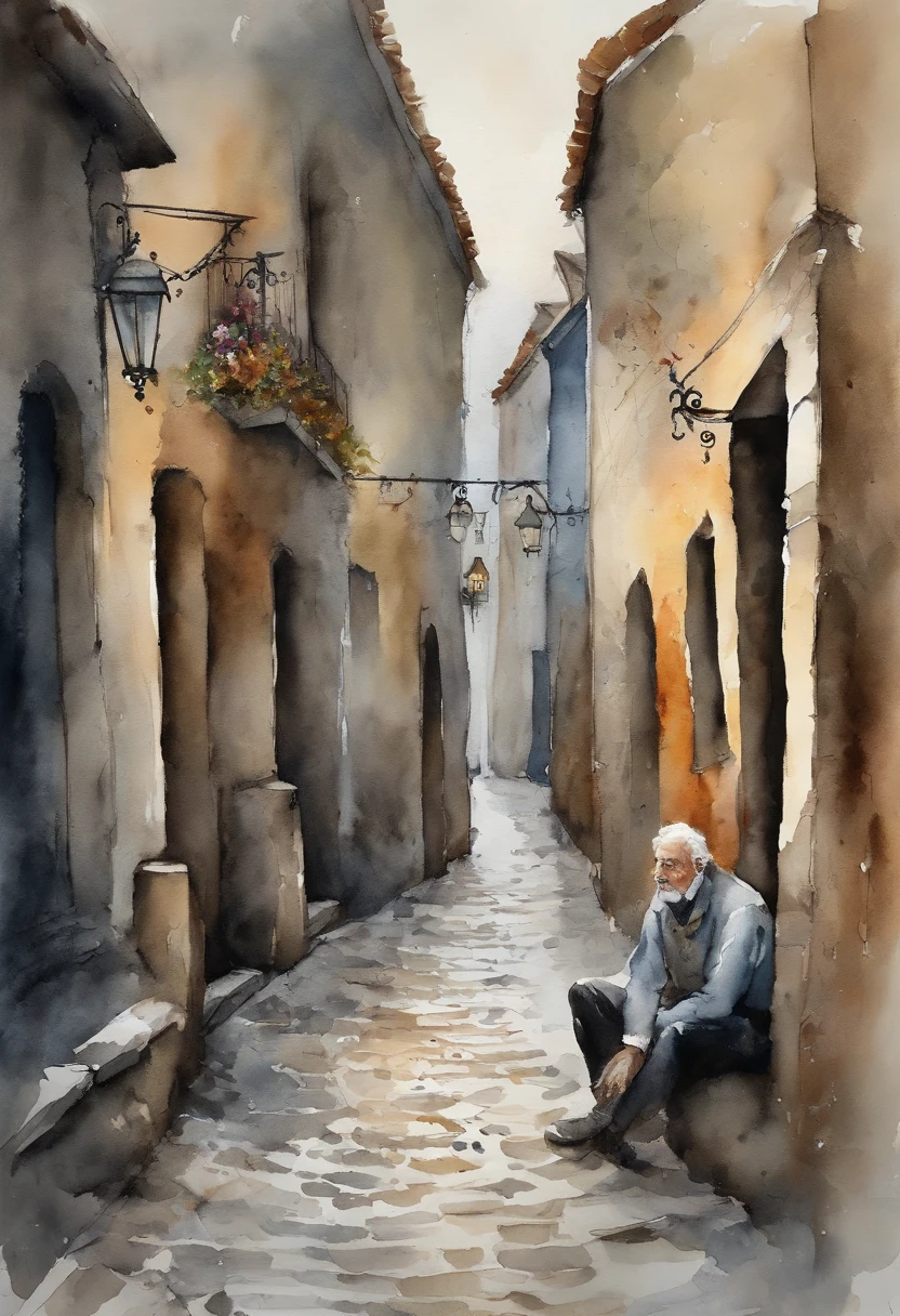 The street where the alleys meet, Gray hair and stubble. His look of anguish freezes on his pale face, Lying on the cobblestone floor, Scene seen from above, Subtle figures appearing in parts of the alley