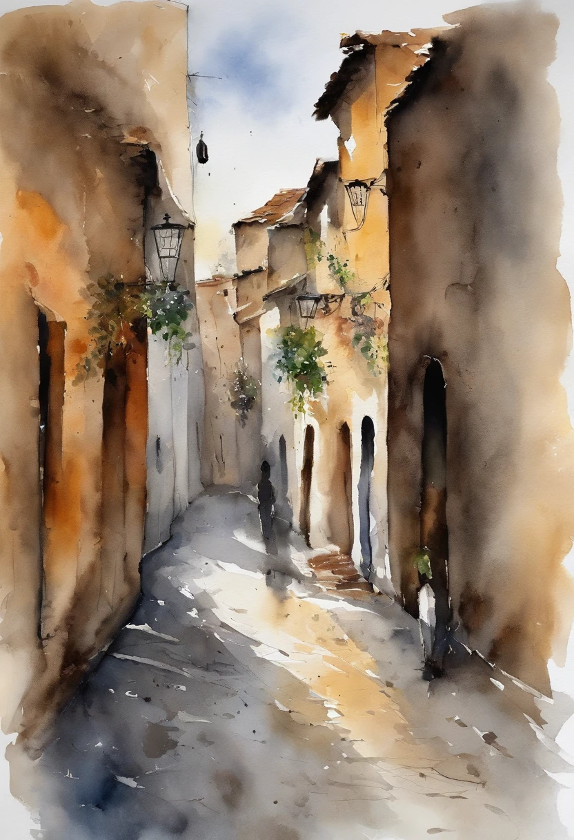 The street where the alleys meet, Gray hair and stubble. His look of anguish freezes on his pale face, Lying on the cobblestone floor, Scene seen from above, Subtle figures appearing in parts of the alley