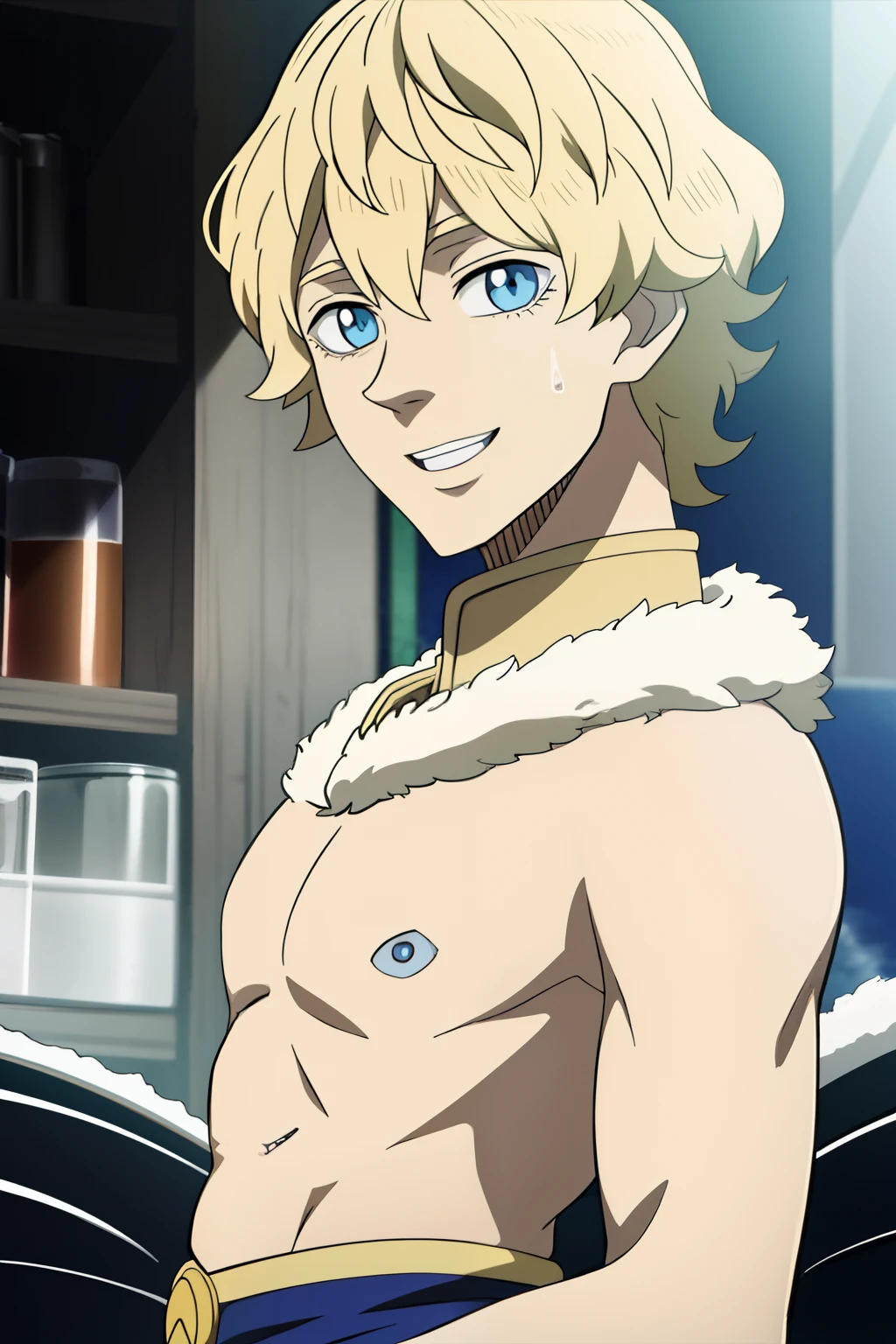 masterpiece, best quality, high quality, 1boy, solo, male focus, looking at viewer, upper body, lemiel_silvamillion_clover, blue eyes, blonde hair, upper body, smile