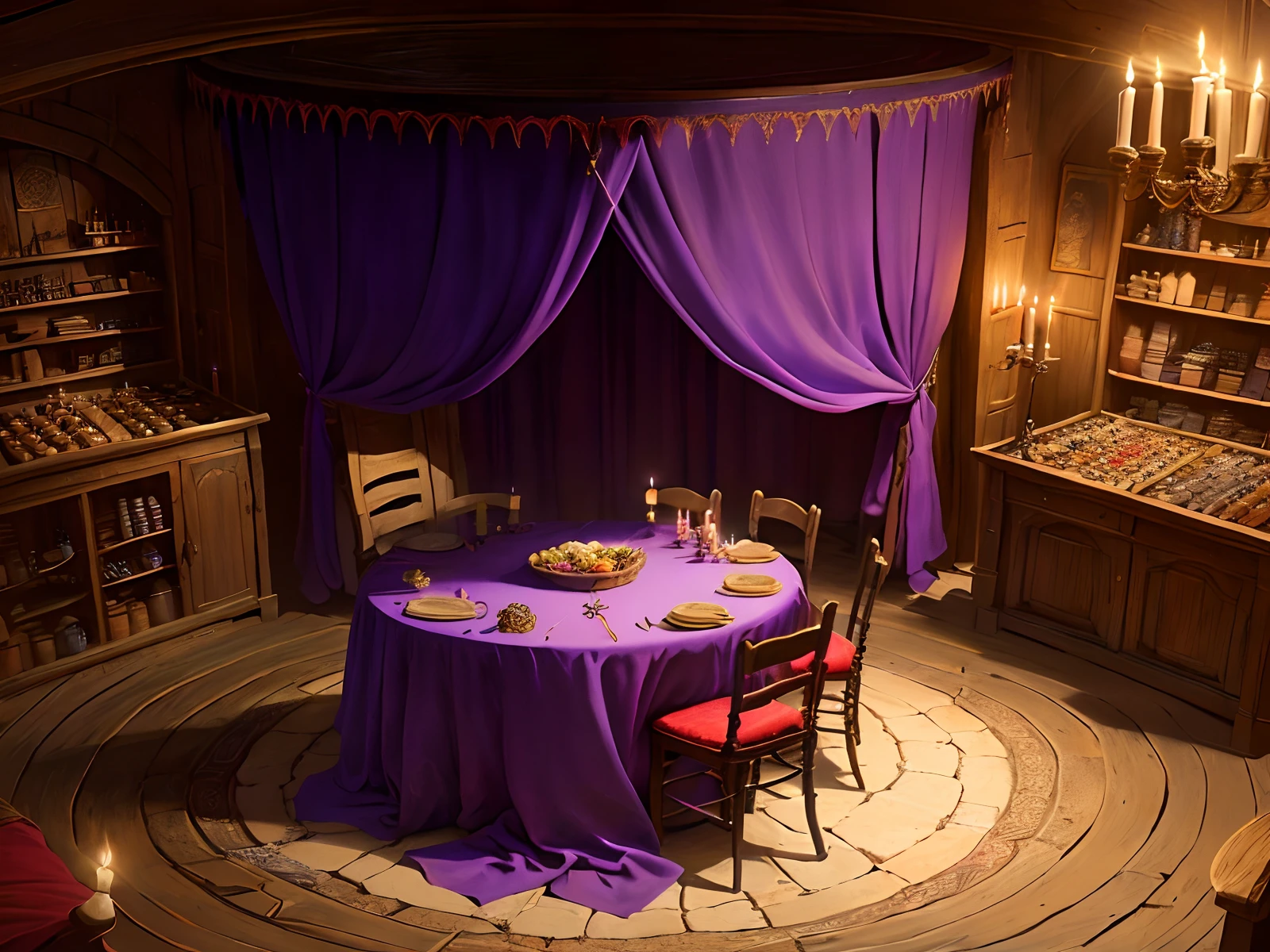 Small medieval fortune teller shop with dark purple and red drapes, candles, and a round table at the center