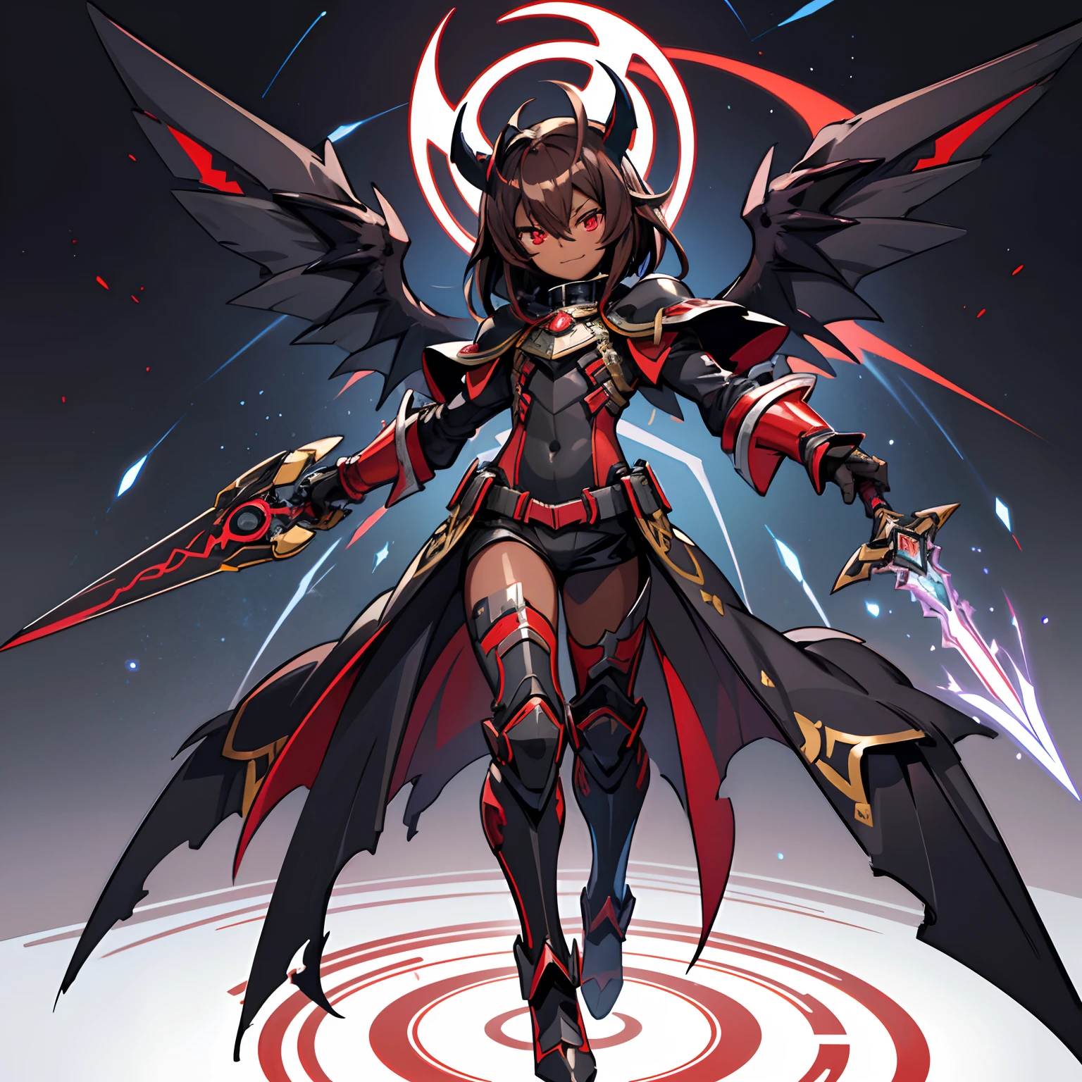 Masterpiece High res, cute (1 shota) dark skin , with red eyes, long dark brown hair, wearing a black full body magical black armoured powersuit, white gaunlets, future cardfight buddyfight, demon lord, Holding a demonic magic greatsword, grins, Magic circles, 12 black fallen angel wings