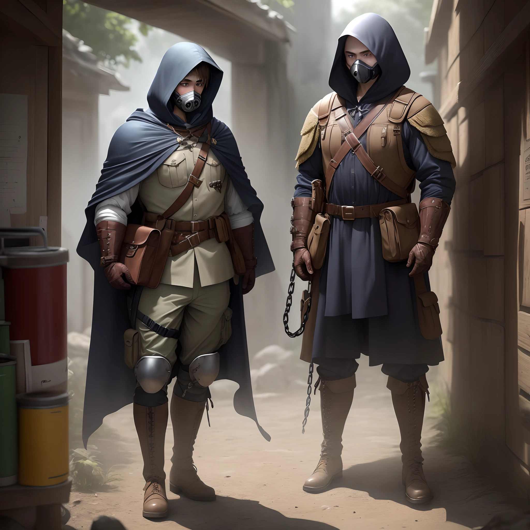Emerging from the shadows, a solitary figure cloaked in mystery approached, their identity hidden behind a hood and a pair of glinting goggles. Encircling their cloak was a rattling chain, with a respirator loosely around their neck, hinting at readiness for any circumstances. The figure's attire was laden with pouches. Gloved hands held more pouches, boots adorned with numerous pouches, and fatigues with pockets filled the onlooker's sight. Beneath the cloak, a skin-tight bodysuit with visible bandages suggested past battles. An array of tactical pouches of varying sizes transformed this figure into a veritable walking armory. A bandolier was wrapped around his shoulders, each one containing a canister.
They were strapped onto the knees, biceps, and waist, with extra pouches dangling. Protective knee and elbow pads, some intriguing wrapped in chains, were also home to more pouches. Shoulder pads bearing even more pouches and pants featuring a plethora of pockets and straps added to the figure's battle readiness. Despite the intimidating, pouch-laden ensemble, the figure's youthful appearance was starkly apparent. They appeared no older than 14, a surprising contrast to their mature, pouch-filled attire. His iris was bright orange and the sclera black