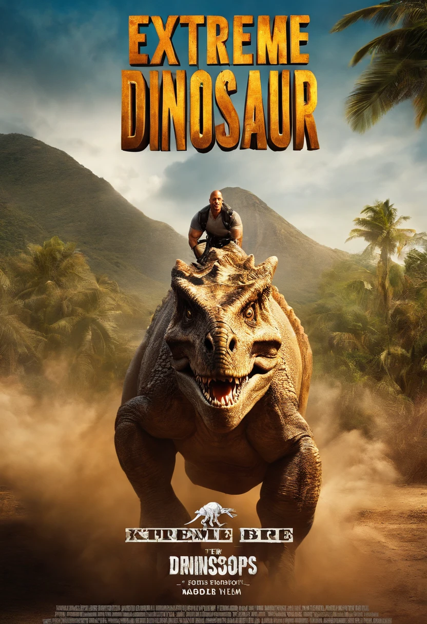 Concevez une affiche de film pour 'Extreme Dinosaur,' starring Dwayne Johnson as a half-Triceratops character. The poster should mix Dwayne Johnson's action hero character with the dinosaur theme, Create an eye-catching and exciting visual. The title should be bold and prominently displayed, Capturing the essence of this unique action-adventure film