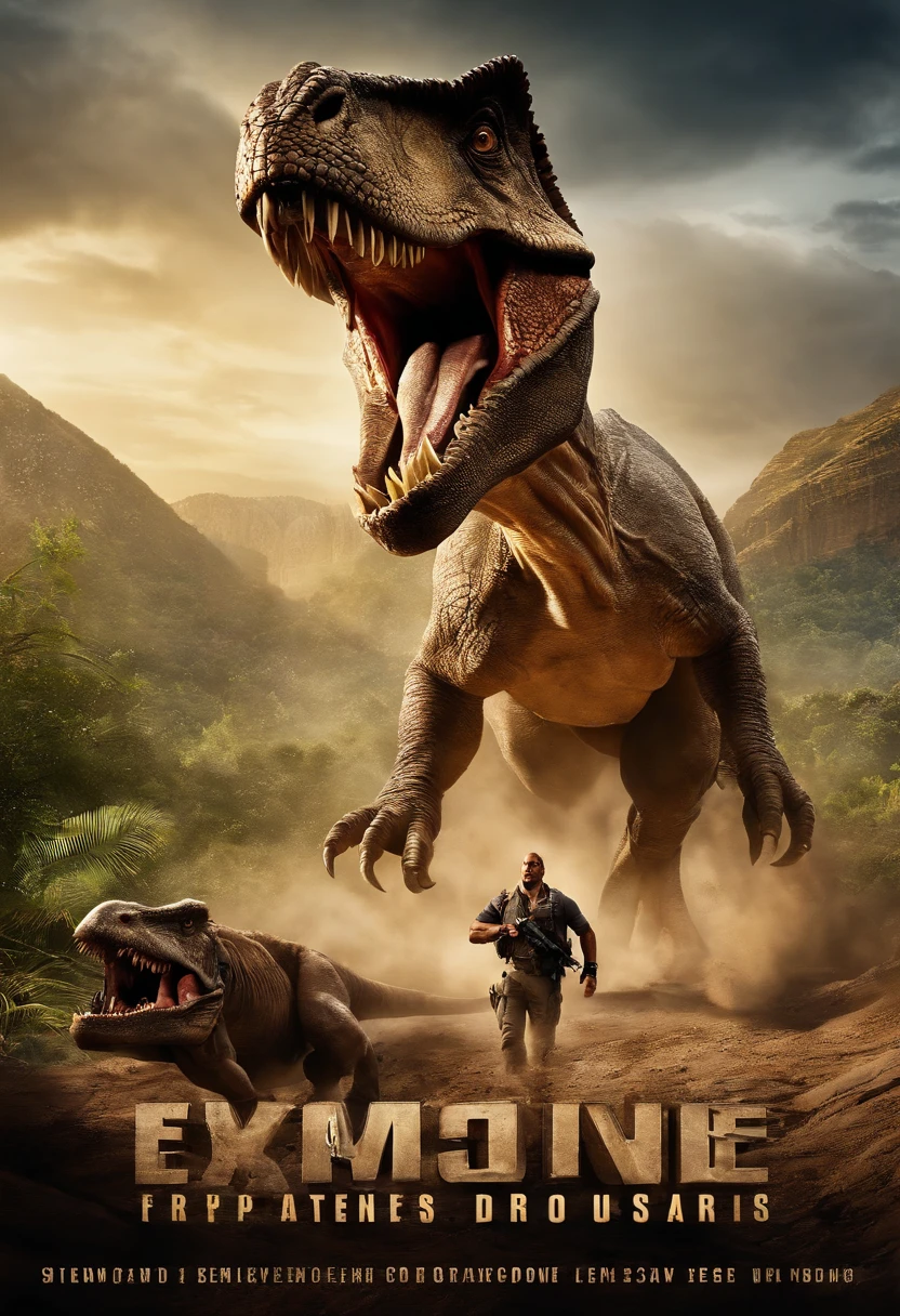 Concevez une affiche de film pour 'Extreme Dinosaur,' starring Dwayne Johnson as a half-Triceratops character. The poster should mix Dwayne Johnson's action hero character with the dinosaur theme, Create an eye-catching and exciting visual. The title should be bold and prominently displayed, Capturing the essence of this unique action-adventure film