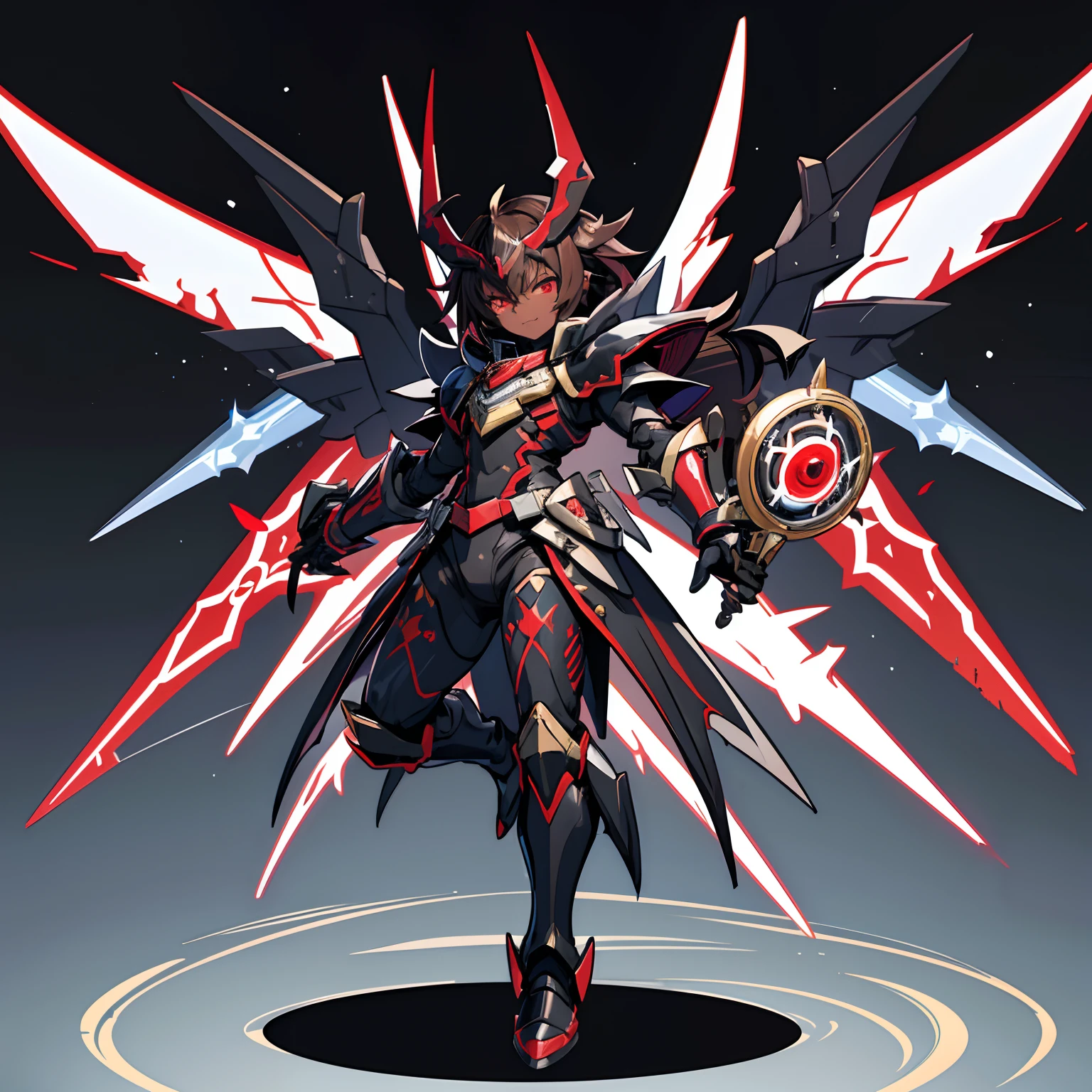 Masterpiece High res, cute (1 shota) dark skin child, with red eyes, long dark brown hair, wearing a black full body magical black armoured powersuit, white gaunlets, future cardfight buddyfight, demon lord, Holding a demonic magic greatsword, grins, Magic circles, 12 black fallen angel wings