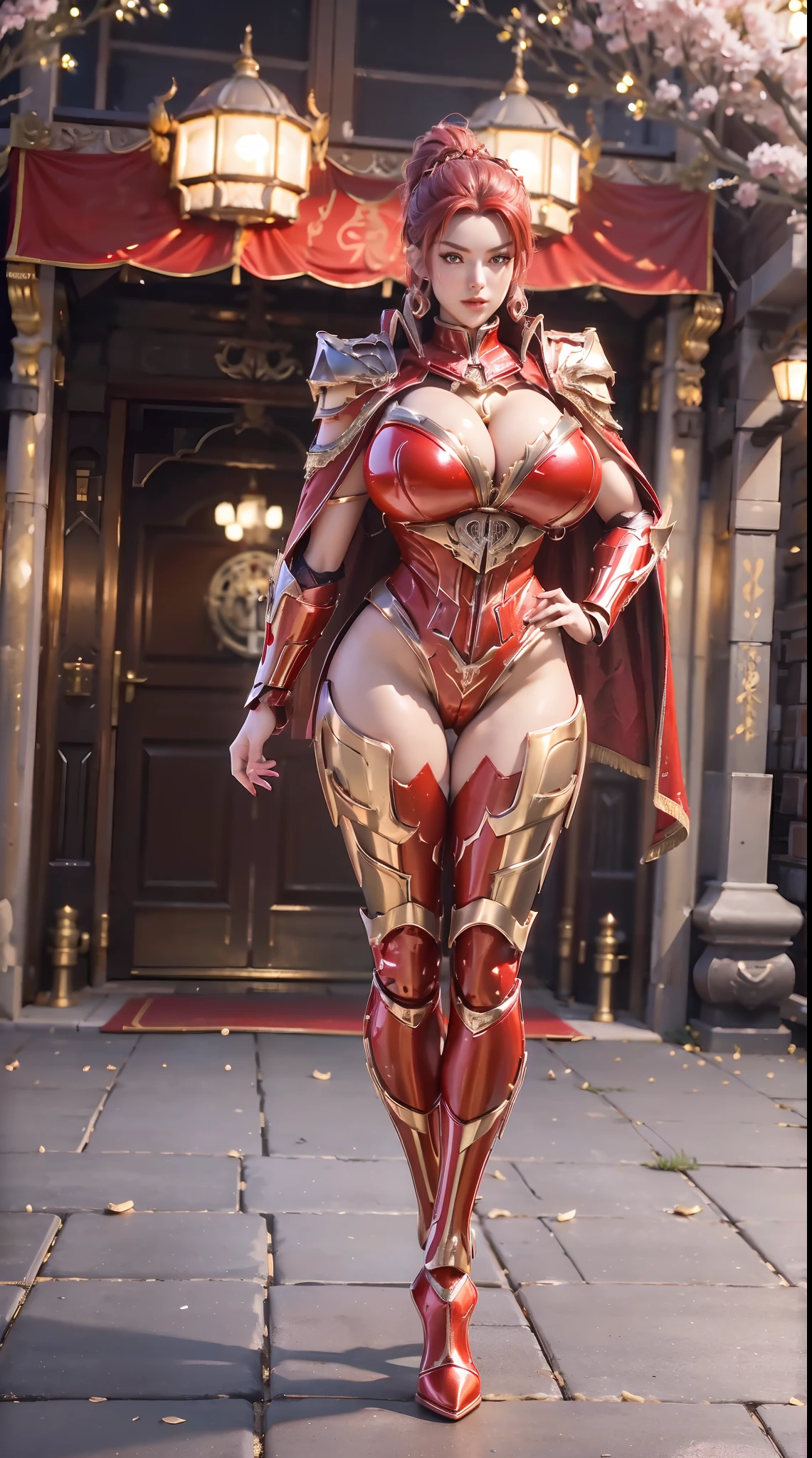 1GIRL, SOLO, (ponytail, hair gold ornament), (BIG , HUGE FAKE :1.4), (red), (DRAGON MECHA BATTLE ARMOR SUIT, ROYAL CAPE, ,  YOGA PANTS, HIGH HEELS:1.5), (GLAMOROUS BODY,  LONG LEGS, FULL BODY:1.5), (FROM FRONT, LOOKING AT VIEWER:1), (WALKING DOWN ON STREET CHERRY TREES:1.3), PHYSICALLY-BASED RENDERING, ULTRA HIGHT DEFINITION, 8K, 1080P.
