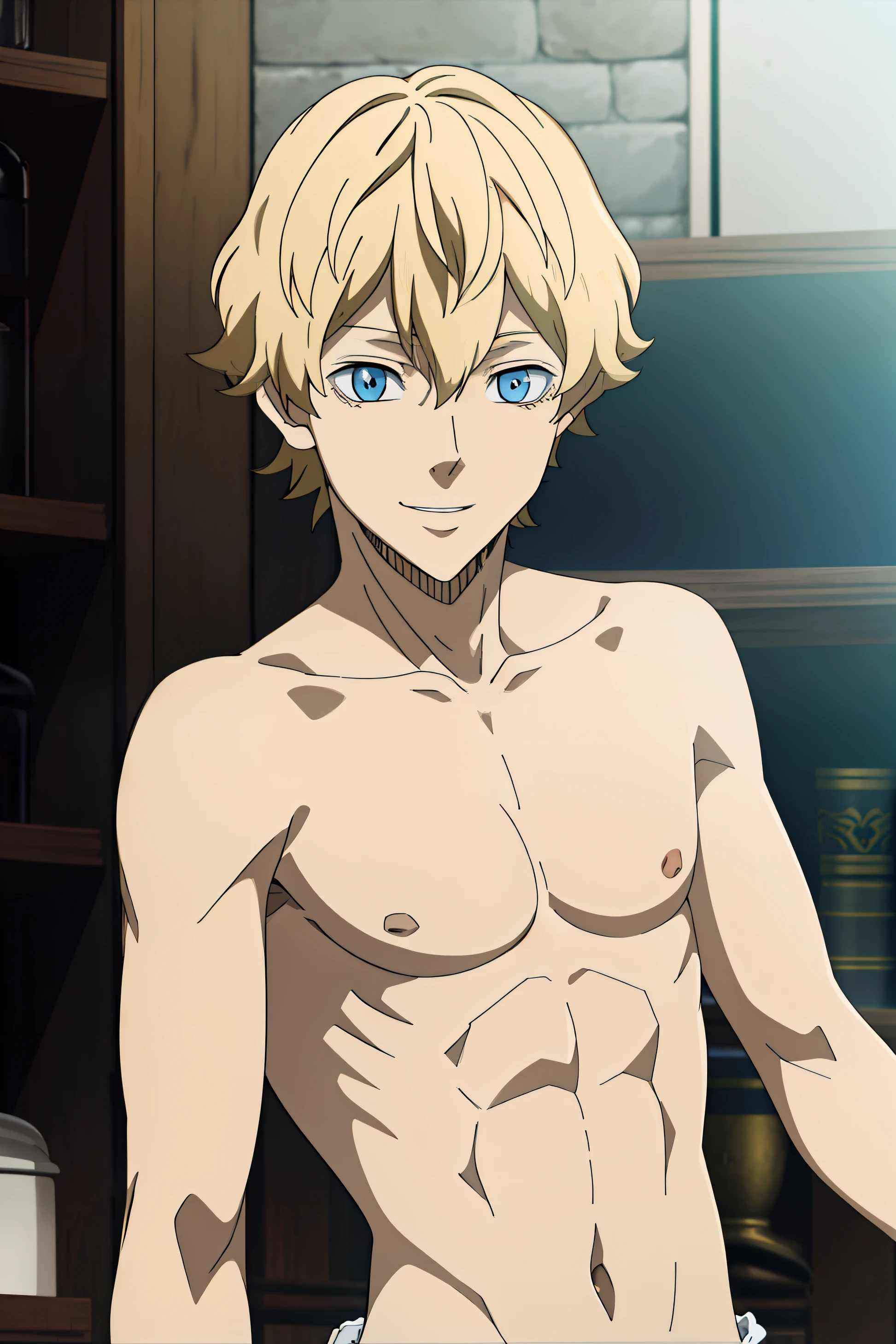 masterpiece, best quality, high quality, 1boy, solo, male focus, looking at viewer, upper body, lemiel_silvamillion_clover, blue eyes, blonde hair, upper body, slim body, (shirtless, topless, bare chest), smile