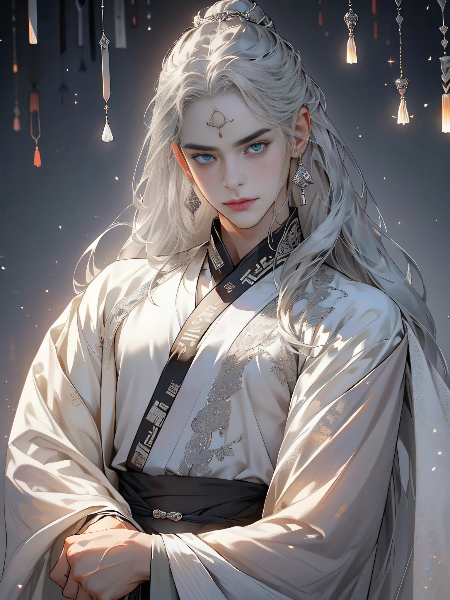 (extreamly delicate and beautiful:1.2), 8K, (tmasterpiece, best:1.0), , (LONG_silver_HAIR_MALE:1.5), Upper body body, a long_haired male, cool and seductive, evil_gaze, wears opened hanfu, half-nudity_chest and intricate detailing, and intricate detailing, finely ((Perfect symmertical eyes:1.5)) and detailed face, Perfect eyes, Equal eyes, Fantastic lights and shadows、white room background、 Uses backlight and rim light