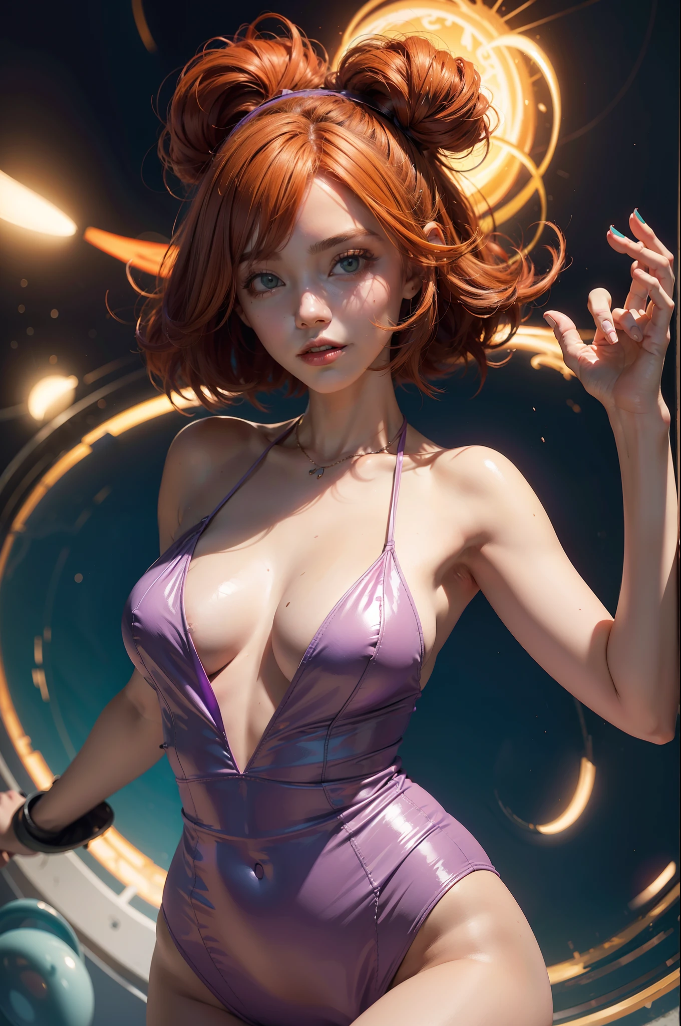 concept art, overhead angle of a Will-o'-the-wisp, wearing Funny Somali Emerald deep orange Pinafore, Caramel hair styled as Short hair, fluorescent purple Hair tie, equirectangular 360, Highres,  [(art by Willi Baumeister:1.1), (art by John T. Biggers:1.2)::17], official art, unity 8k wallpaper, ultra detailed, aesthetic, masterpiece, best quality, photorealistic,(naked breast:1.4