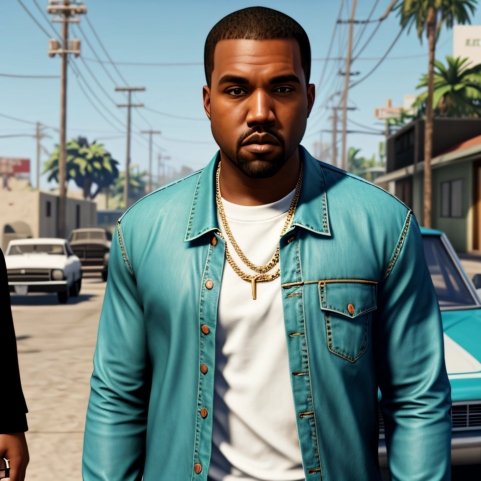 um close up de um homem de camisa azul parado em frente a um espelho, em gta vice city, gta vice estilo da cidade, drake em gta v, gta personagem, ele veste uma camisa azul, como um personagem de gtav, retrato africano Jesse Pinkman, Como o protagonista de GTA 5, GTA Vice City Remasterizado, Kanye West em GTA v