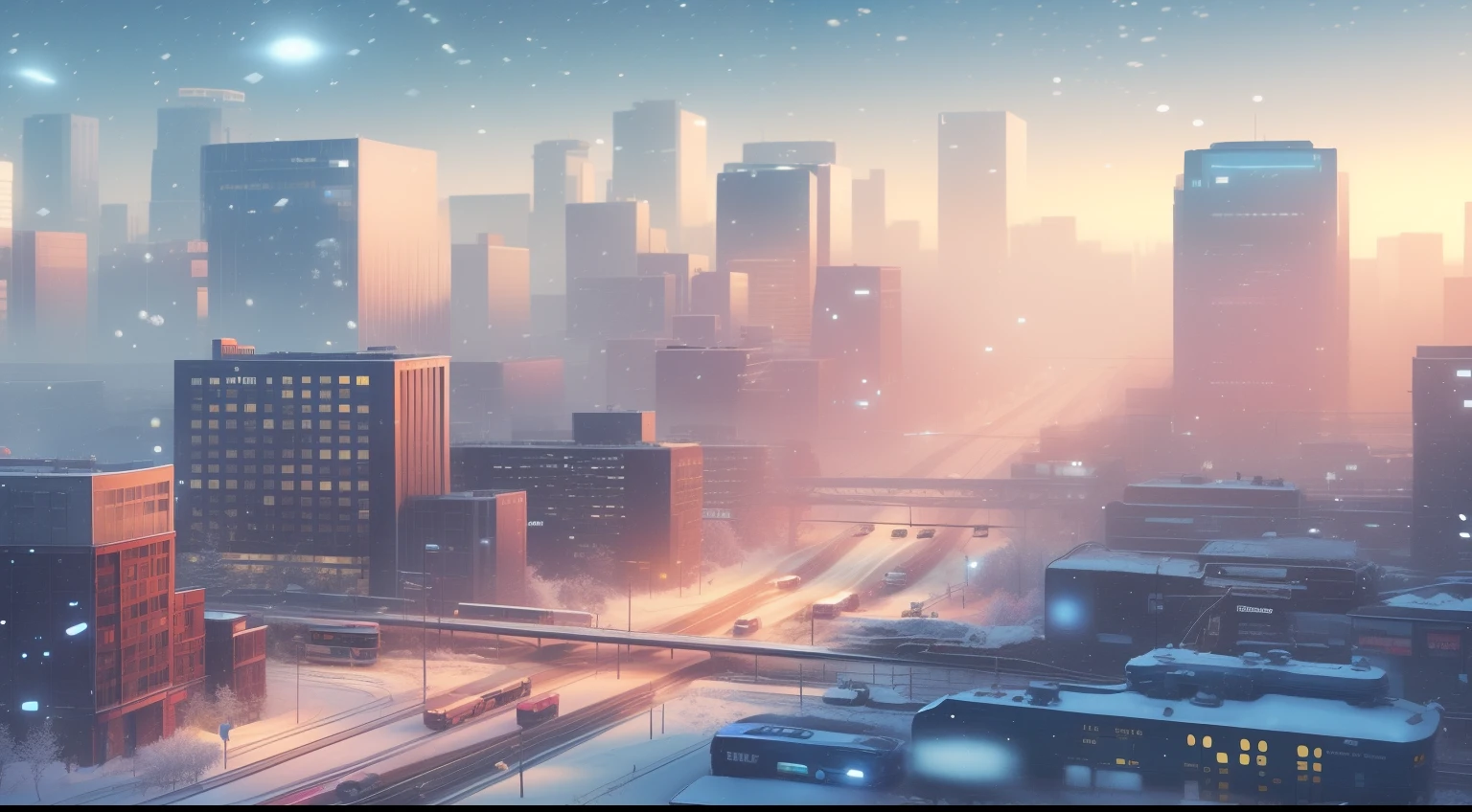 paisagem urbana nevada com um trem e carros nos trilhos, cidade nevando com muita neve, bipe. hiper-realismoo, Artem Demura Beeple, cinematic beeple, 3 d render bipe, beeple daily art, Bastien Grivet, Arte conceitual de inverno, Hybrid style beep blend, realismo | bipe