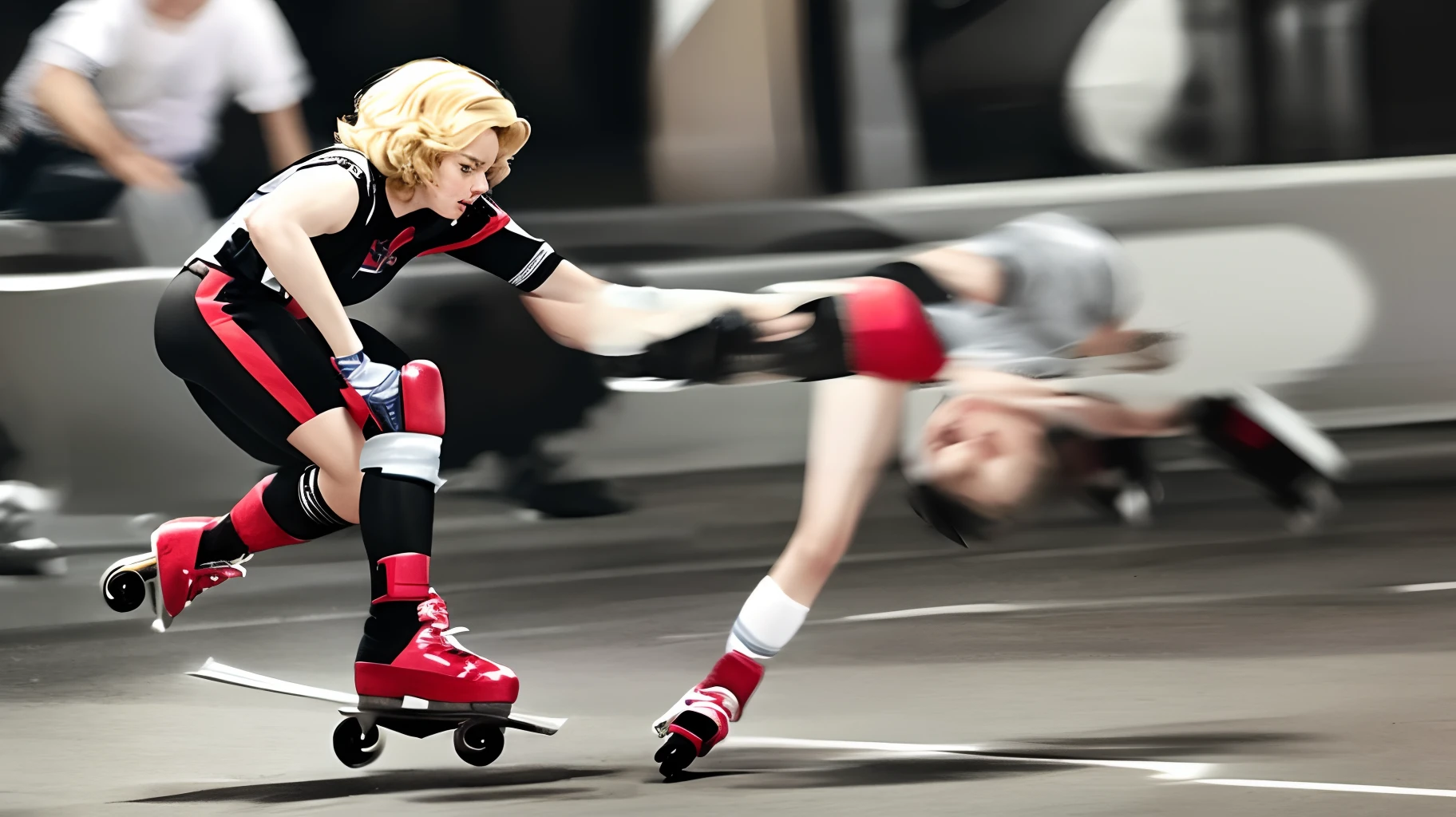 Marilyn Monroe, in her classic blonde hair wearing the padding and helmet with bright red skates playing roller derby violently and with a bloody nose