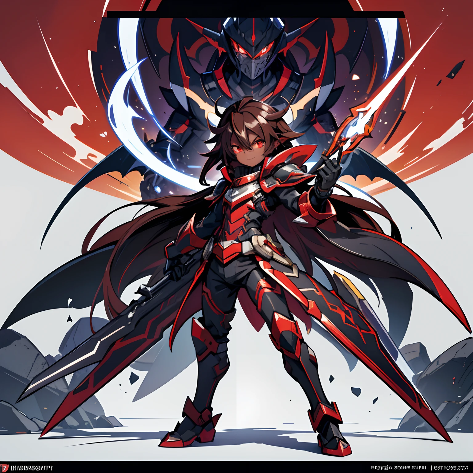 Masterpiece High res, cute (1 shota) dark skin child, with red eyes, long dark brown hair, wearing a black full body magical black armoured powersuit, white gaunlets, future cardfight buddyfight, demon lord, Holding a demonic magic greatsword, grins, Disgaea