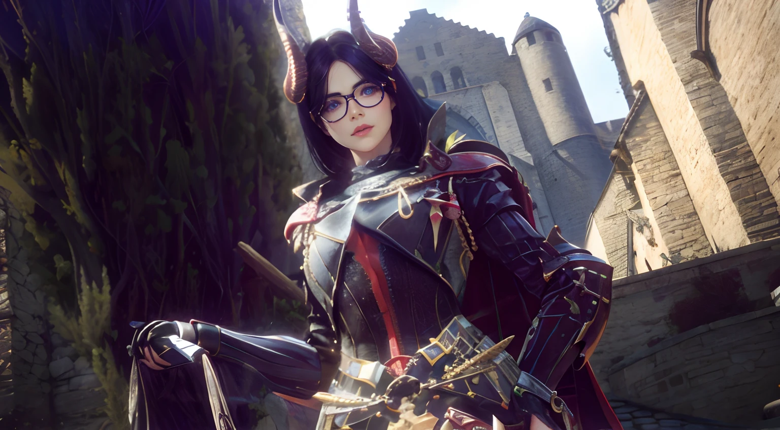 woman looking at the camera , in glasses with black hair and horns , blue eyes