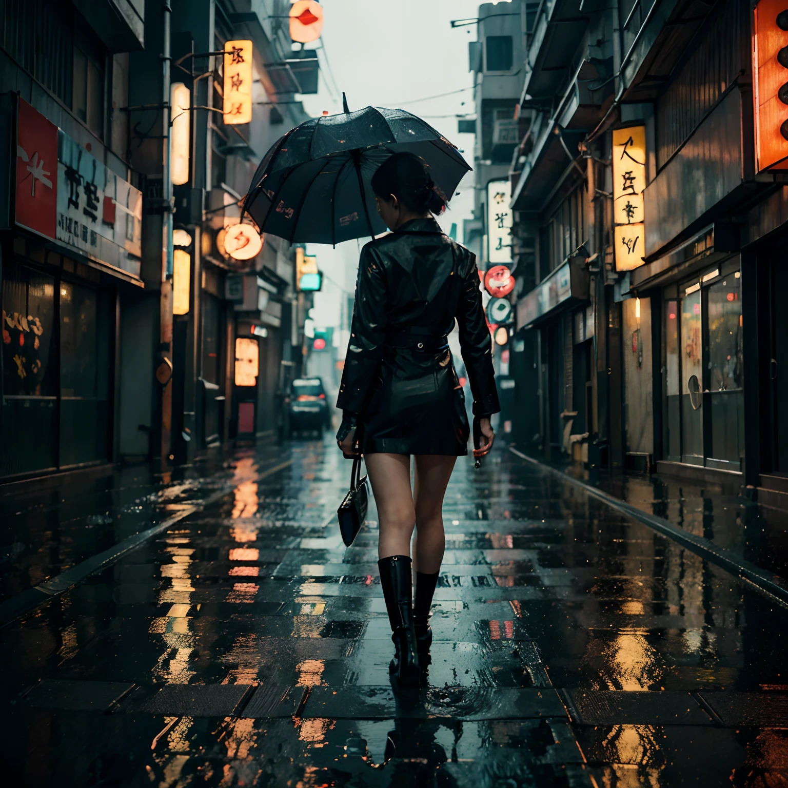 (best quality, masterpiece), lonely ally in futuristic Japanese cyberpunk city from sci-fi movie, woman with umbrella, empty street, Rain, rainy, night, dark, Rain, Japanese, Japanese signs, neon signs, blade-runner style, intricate, hyper-detailed, realistic, ultra-realistic, high quality, ultra detail, crazy detail, photo realism, 8k