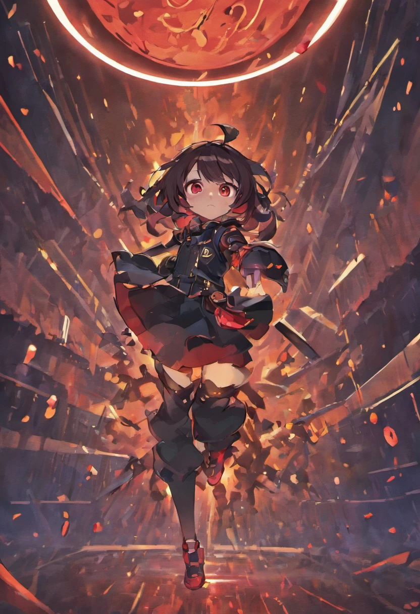 Masterpiece High res, cute (1 shota) dark skin , with red eyes, long dark brown hair, wearing a black full body magical black armoured powersuit, black gaunlets, future cardfight buddyfight, demon lord, Magic circles with runes, floating