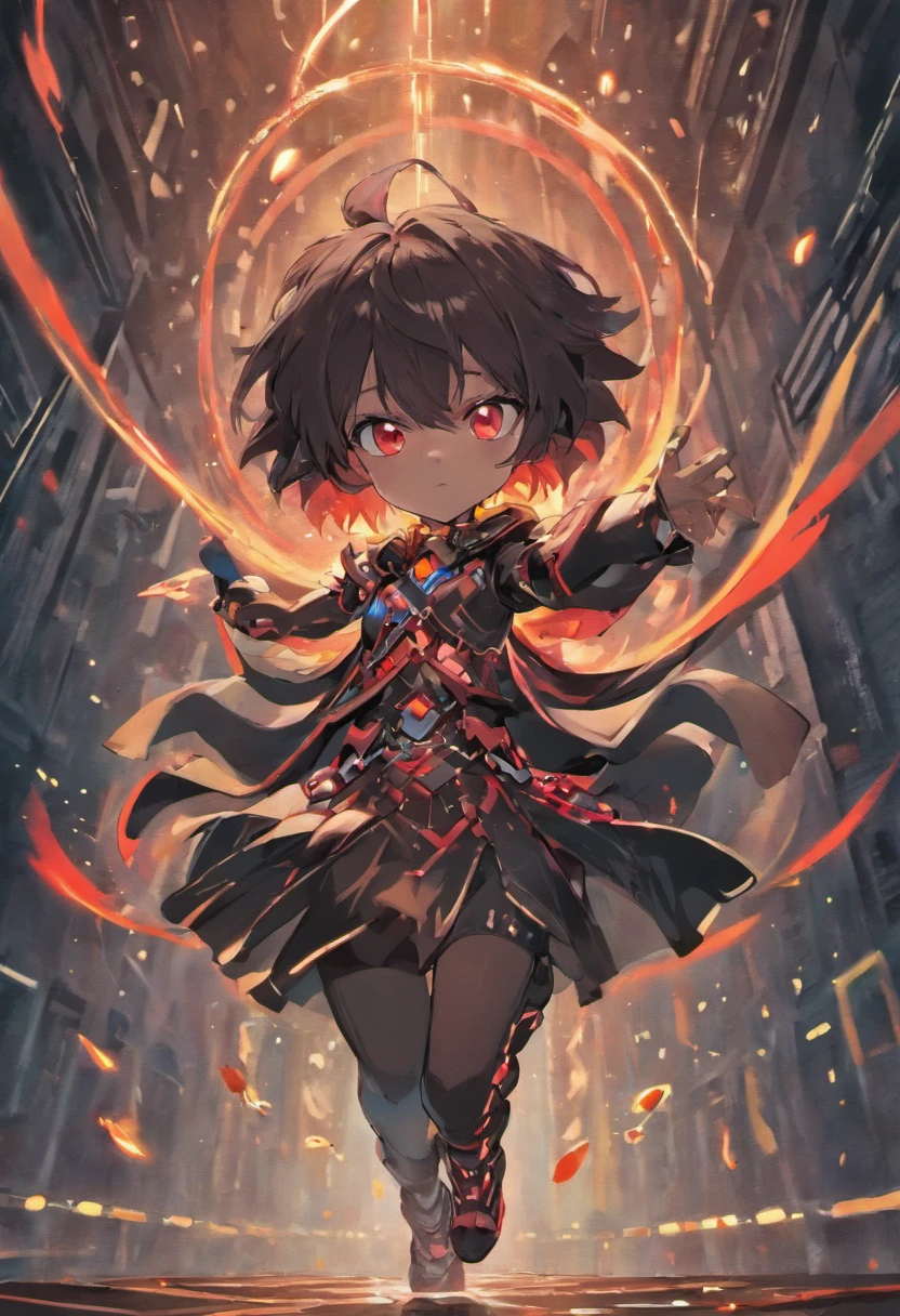 Masterpiece High res, cute (1 shota) dark skin child, with red eyes, long dark brown hair, wearing a black full body magical black armoured powersuit, black gaunlets, future cardfight buddyfight, demon lord, Magic circles with runes, floating