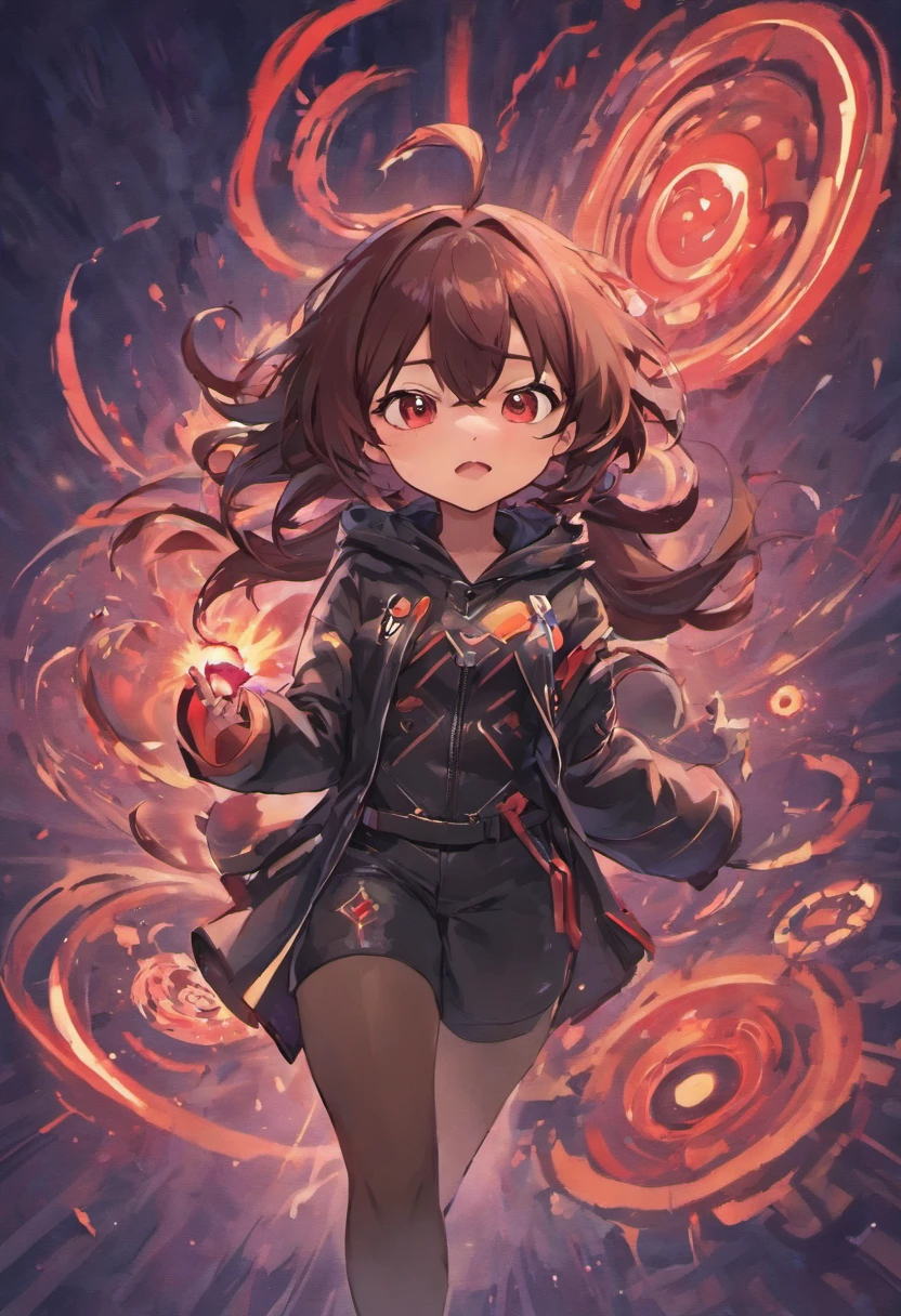 Masterpiece High res, cute (1 shota) dark skin child, with red eyes, long dark brown hair, wearing a black full body magical black armoured powersuit, black gaunlets, future cardfight buddyfight, demon lord, Magic circles with runes, floating