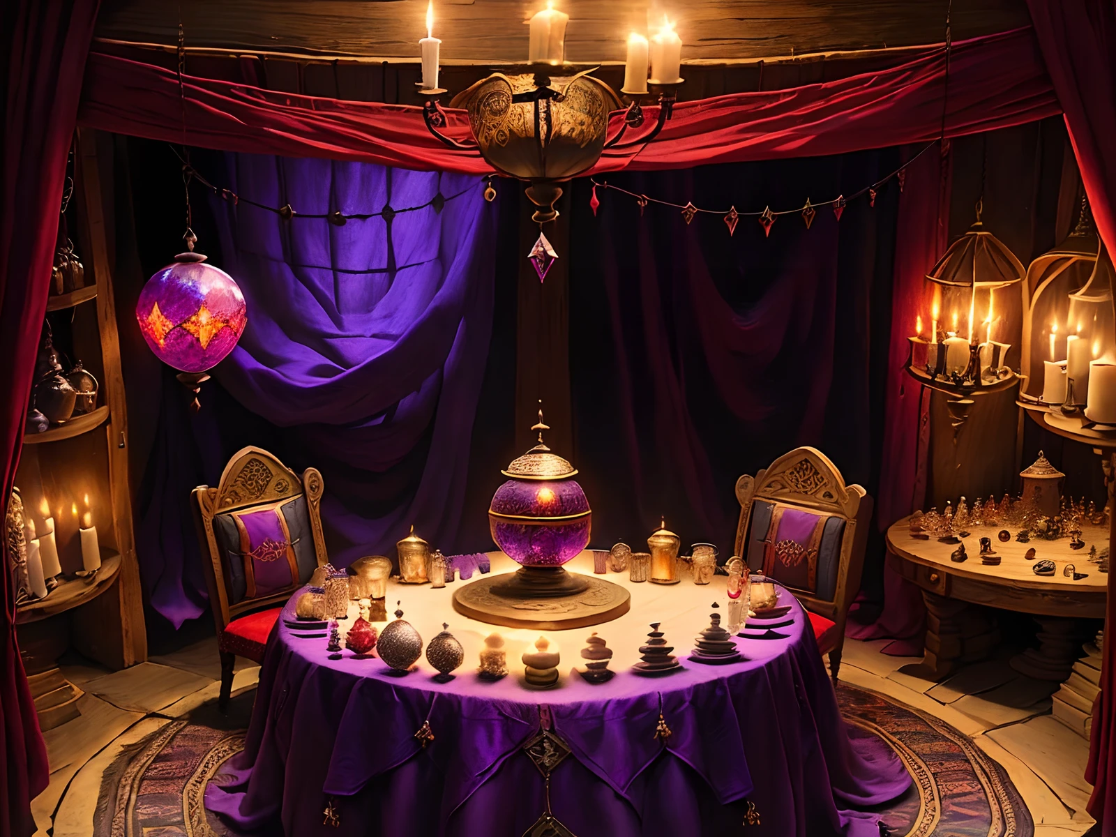 Small medieval fortune teller shop with dark purple and red drapes, beaded curtains, shelves of occult objects, jars, and dried herbs, with a round table at the center with a diamond shaped tablecloth with a crystal ball, candles, and tarot cards on top