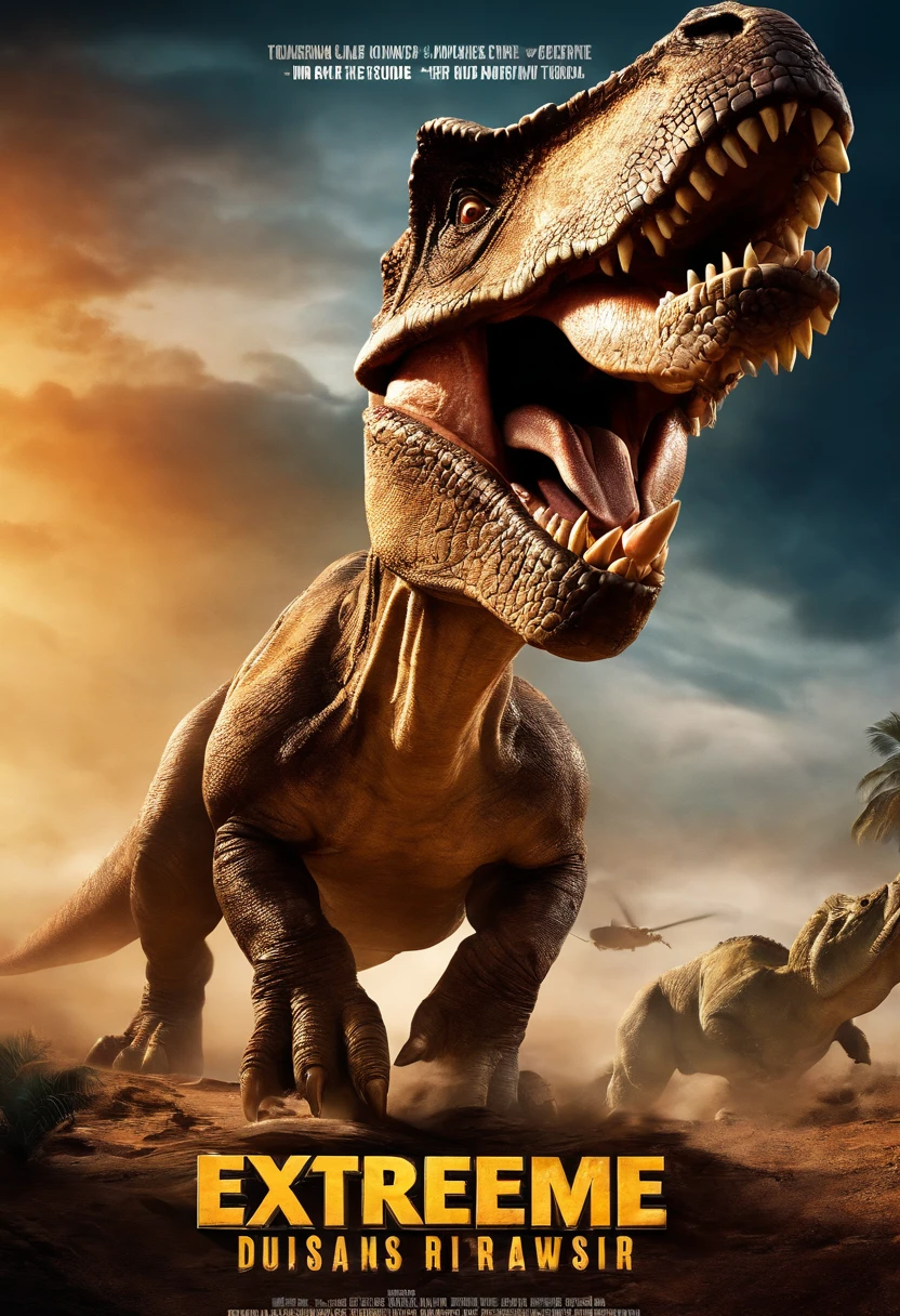 Concevez une affiche de film pour 'Extreme Dinosaur,' starring Dwayne Johnson as a half-Triceratops character. The poster should mix Dwayne Johnson's action hero character with the dinosaur theme, Create an eye-catching and exciting visual. The title should be bold and prominently displayed, Capturing the essence of this unique action-adventure film