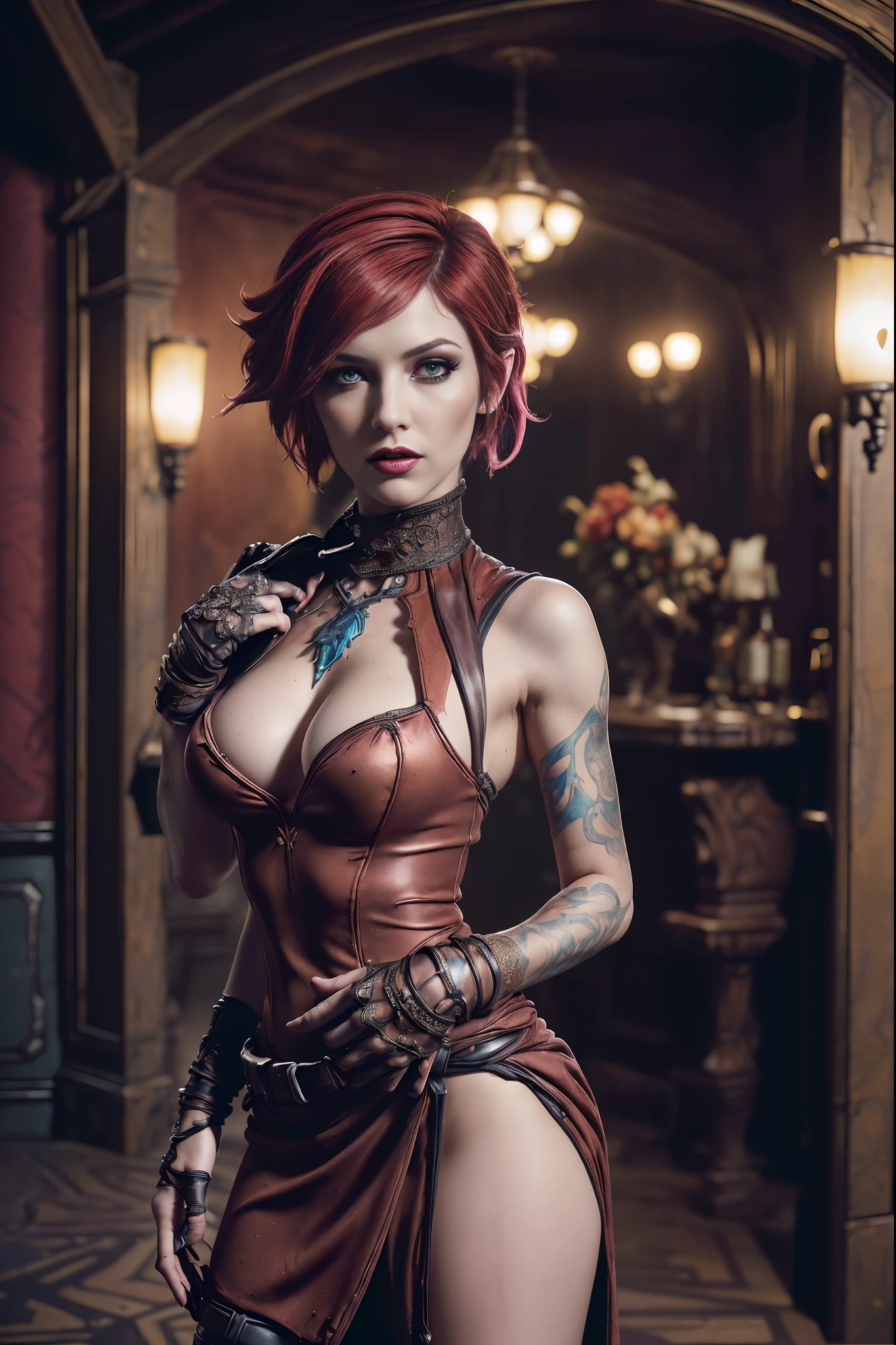 Masterpiece, Lilith from Borderlands, high detail plunging sexy gothic dress, intricately detailed background, (UHD, 8K wallpaper, High resolution), Cinematic lighting, award-winning, extremely detailed skin, extra detailed face, high detail eyes, photo-realistic, Zeiss 85 mm F/1.4, by Ellen von Unwerth