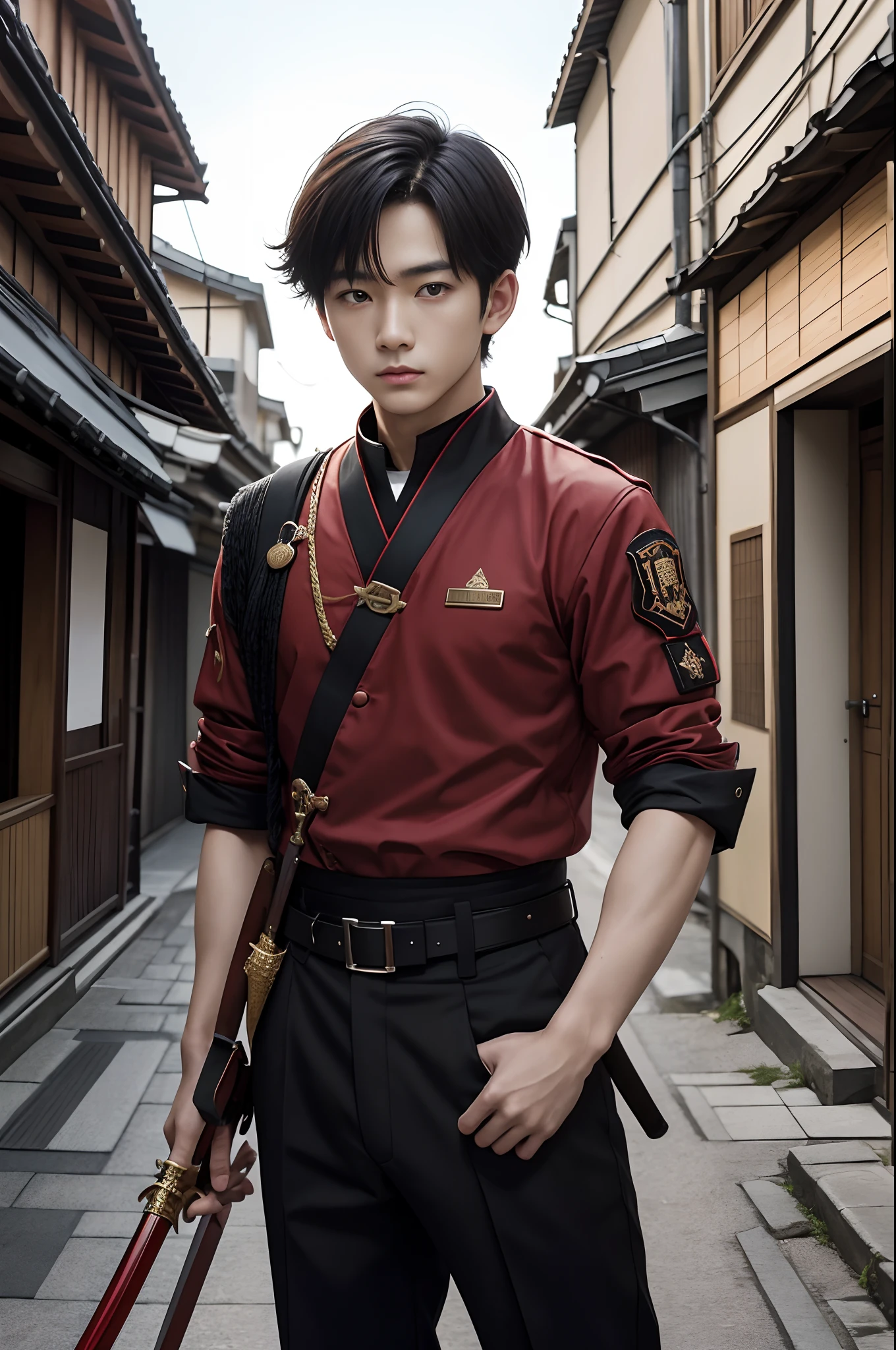 8K,Japan Boys,Red and black combat uniform,Japan holding a sword,Short-haired black hair,Delicate boys(hoang lap、hight resolution、Hyper-detailing)Press Photos、documentary photography、Visual Storytelling、Capturing Moments、Historical record、Social commentary、Powerful images、Mosaic Art、A tiny、Colorful inlays、complex pattern、tiled designs、durable surfaces、Old-fashioned technology、Ancient Greece、Cavelos Pretoelongos、(pheasant)、boldness、intentional、productive。1 boy、19-year-old boy,civilian、pale skin、、gentle face、Soft brown eyes、well-muscled、Black and red combat uniform、Black pants、looking at the viewers、Write、is standing、Bright background、sunlights