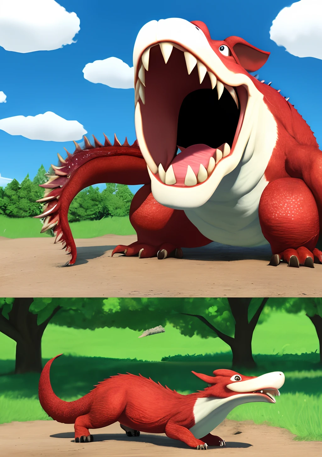 A naked cave woman is bored, her pet blue velociraptor is on the couch. The cave woman is tickling her pet dinosaurs neck and stomach. The dinosaur is blushing, it has become very aroused and extended its enormous knobby penis (huge glans, shaft he length of its body)