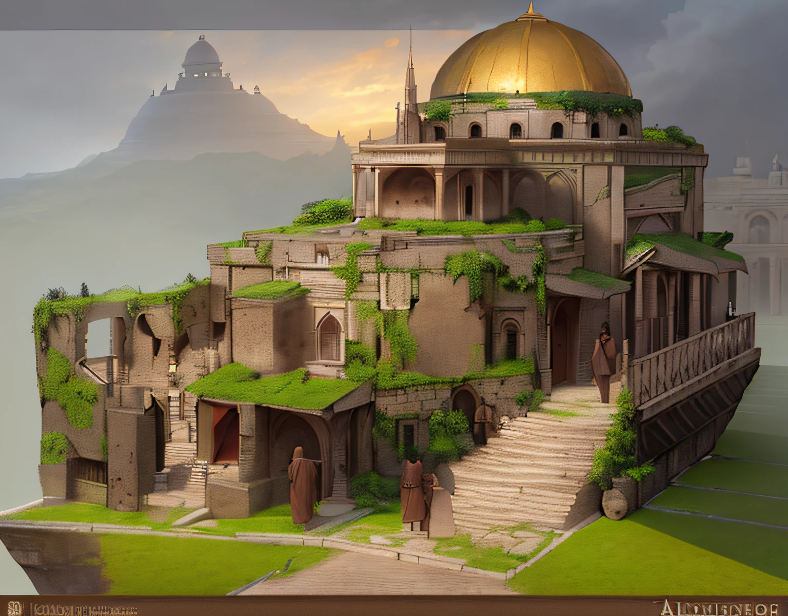a building with a dome on top of it, plants growing on it, visitors and locals visiting it, black stone stairs, brown wooden grill, detailed concept art , ancient city,