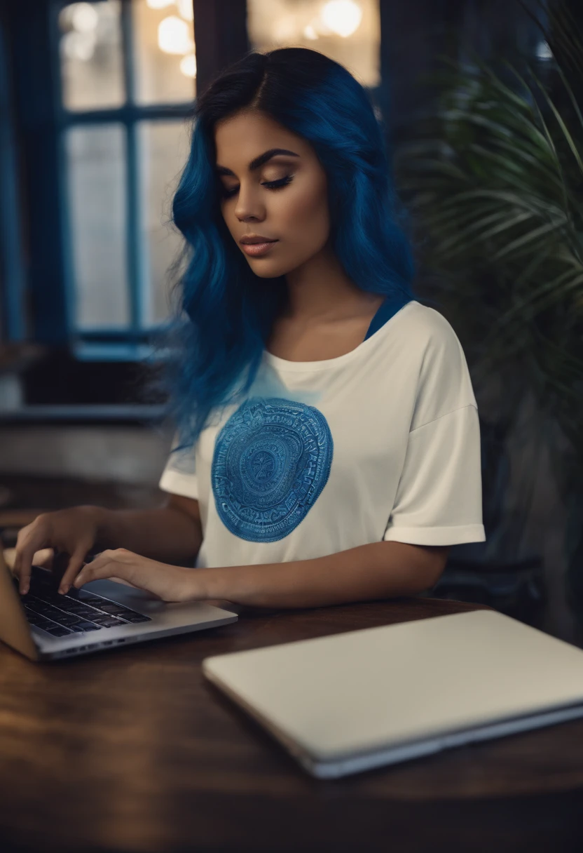 Um jovem sentado mexendo em seu laptop com cabelos brancos, uma camiseta preta com sobretudo azul, Its power is technology, semi-realismo