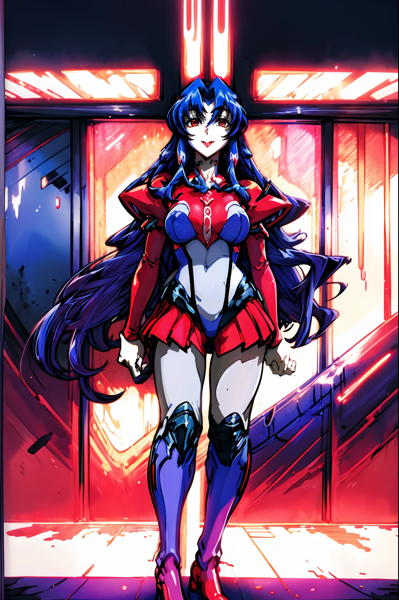 leotard, calm facial exprecion, blue hair, red eye, leotard, big shoulders, sleeves, medium breast, boots, long hair, skirt, smile, half lips stic inferion lip, red lipstic, long hair, messy hair, smile, ong hair, standing solo, full body, boots,, body suit, mini skirt