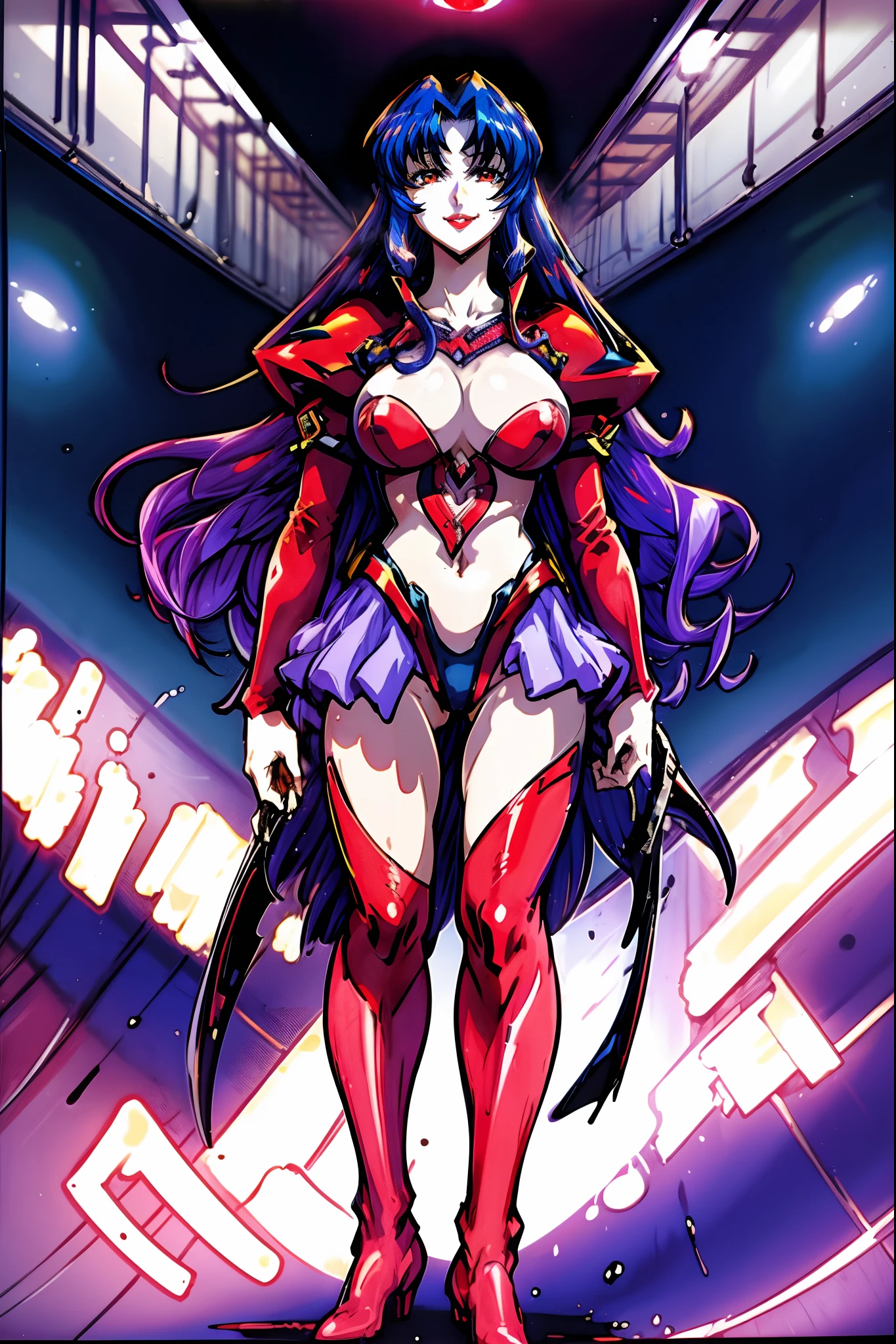 leotard, calm facial exprecion, blue hair, red eye, leotard, big shoulders, sleeves, medium breast, boots, long hair, skirt, smile, half lips stic inferion lip, red lipstic, long hair, messy hair, smile, ong hair, standing solo, full body, boots,, body suit, mini skirt