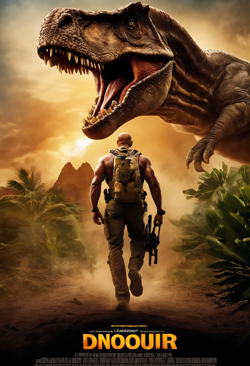 Concevez une affiche de film pour 'Extreme Dinosaur,' starring Dwayne Johnson as a half-Triceratops character. The poster should mix Dwayne Johnson's action hero character with the dinosaur theme, Create an eye-catching and exciting visual. The title should be bold and prominently displayed, Capturing the essence of this unique action-adventure film