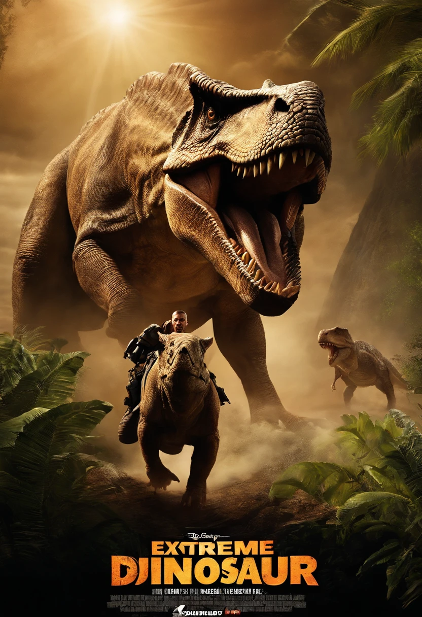 Concevez une affiche de film pour 'Extreme Dinosaur,' starring Dwayne Johnson as a half-Triceratops character. The poster should mix Dwayne Johnson's action hero character with the dinosaur theme, Create an eye-catching and exciting visual. The title should be bold and prominently displayed, Capturing the essence of this unique action-adventure film